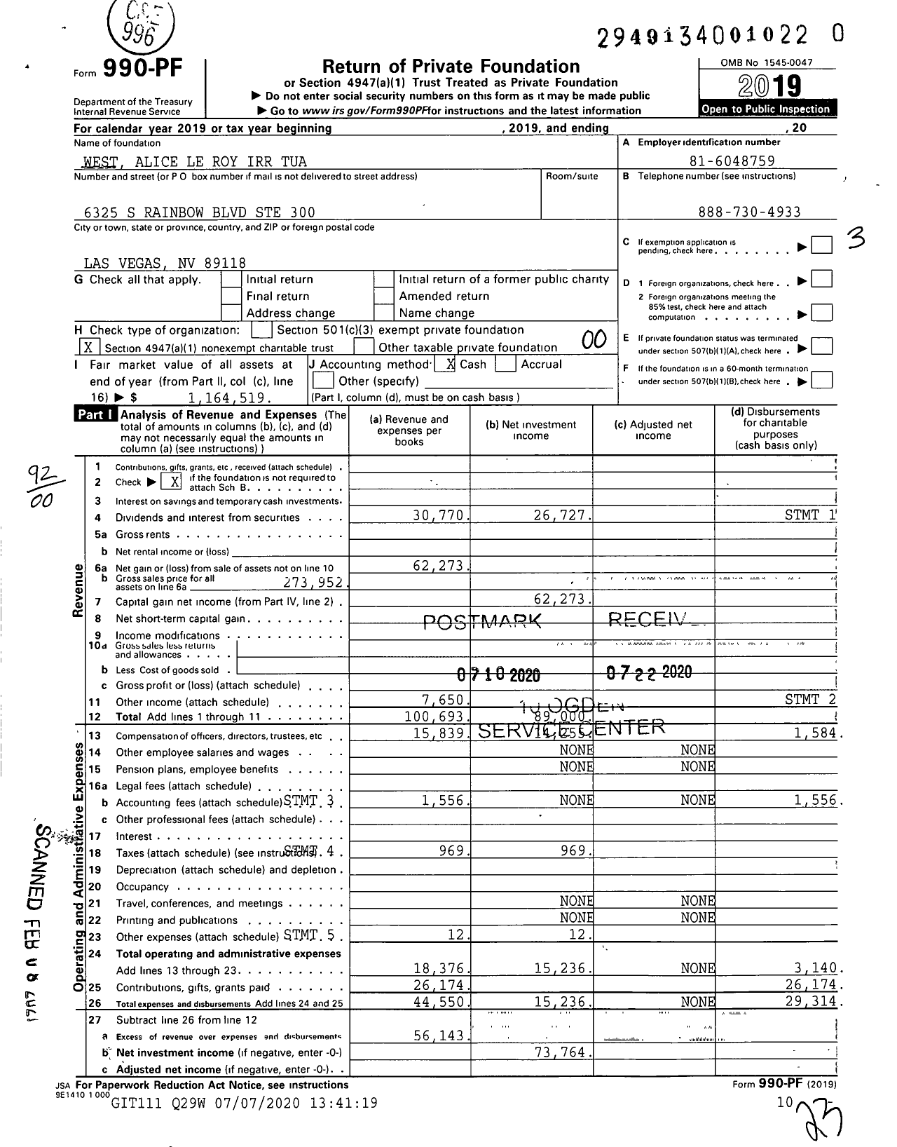 Image of first page of 2019 Form 990PF for West Alice Le Roy Irr Tua