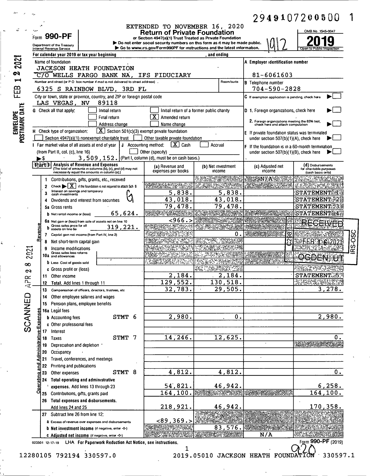 Image of first page of 2019 Form 990PF for Jackson Heath Foundation