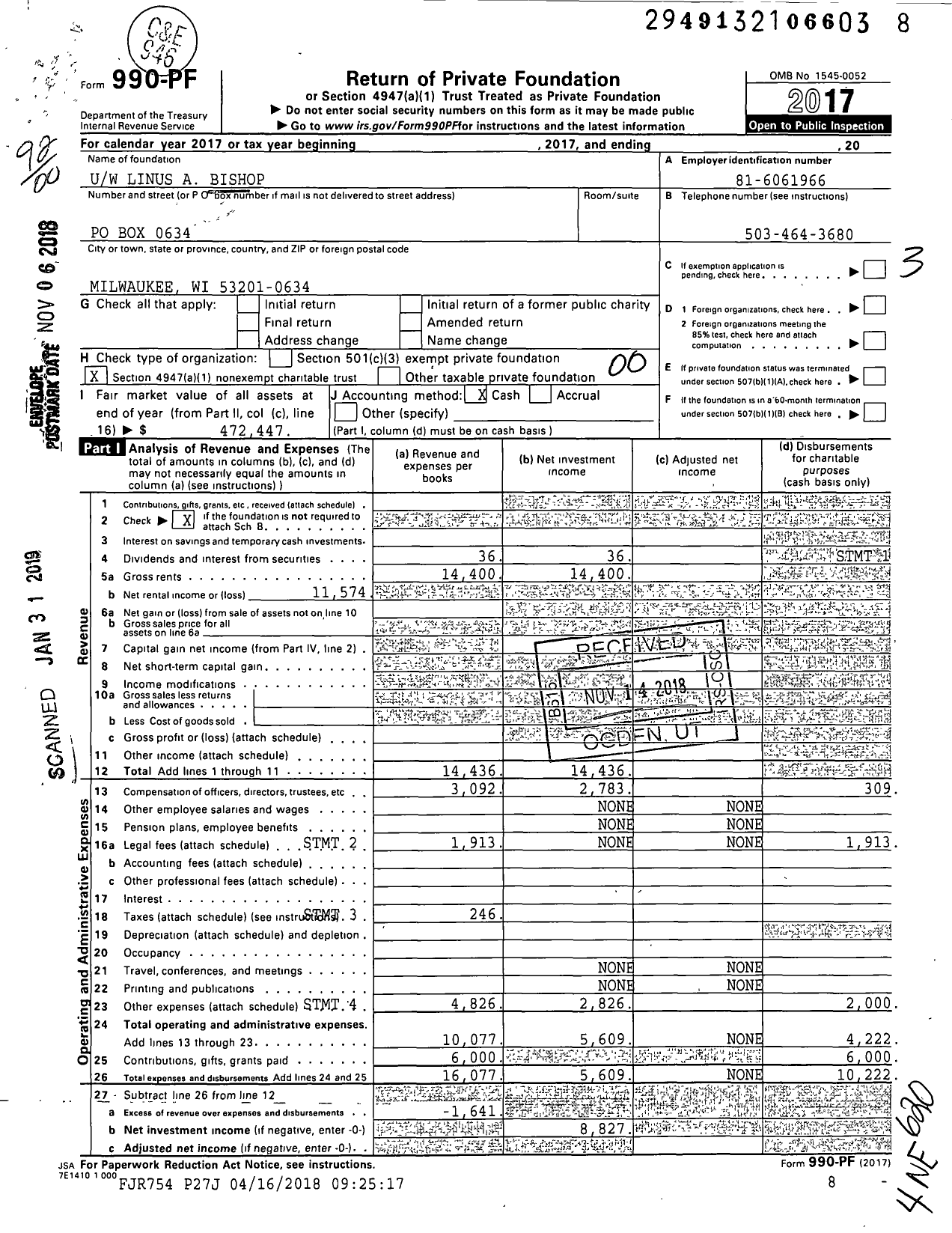 Image of first page of 2017 Form 990PF for Uw Linus A Bishop