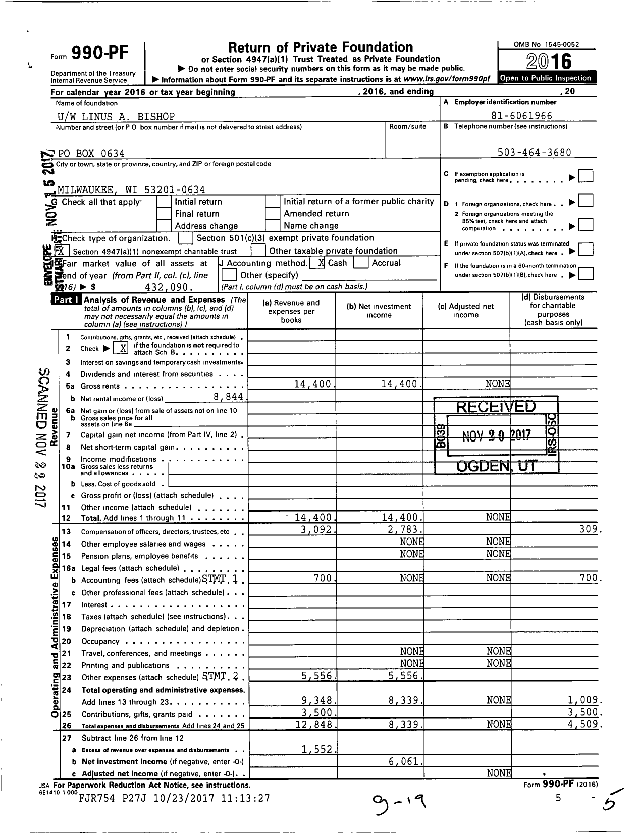 Image of first page of 2016 Form 990PF for Uw Linus A Bishop