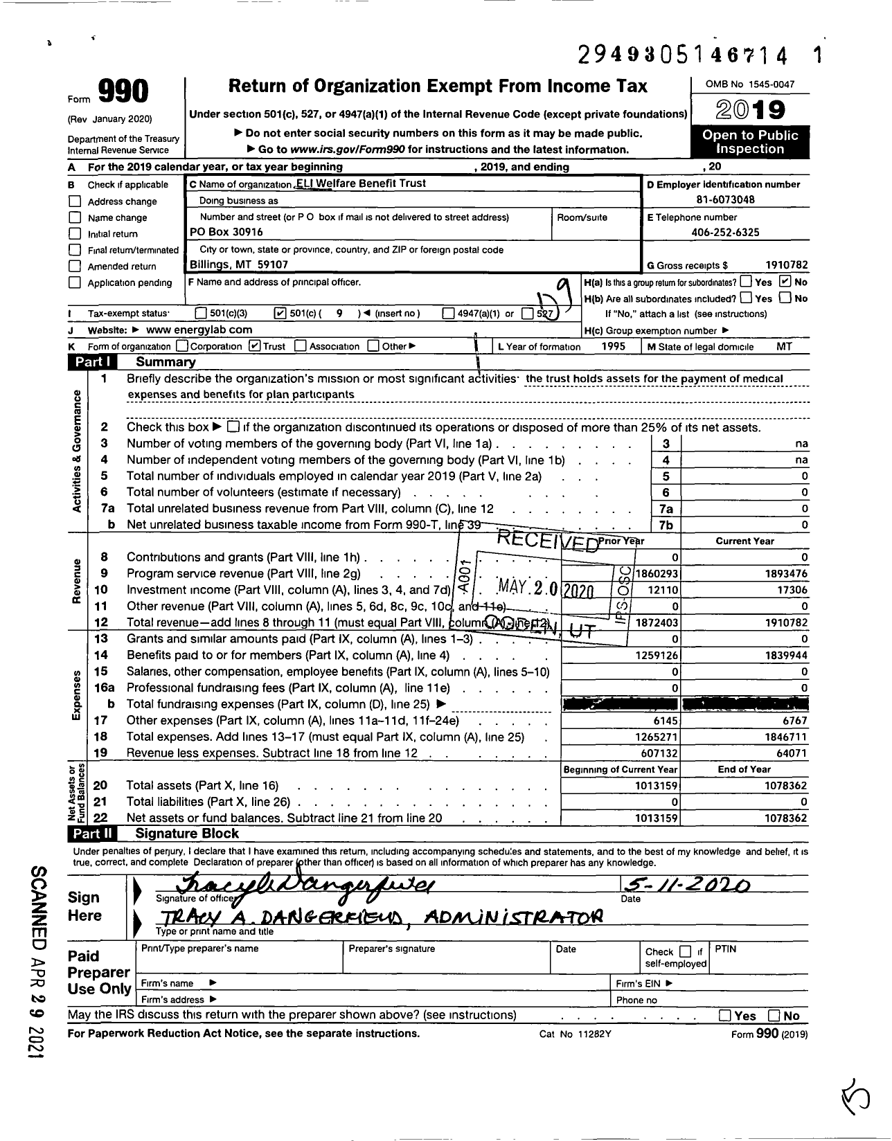 Image of first page of 2019 Form 990O for Energy Laboratories Employee Welfare Benefit Plan Trust