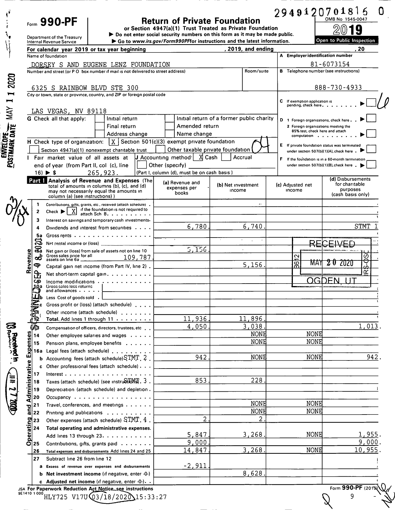 Image of first page of 2019 Form 990PR for Dorsey S and Eugene Lenz Foundation