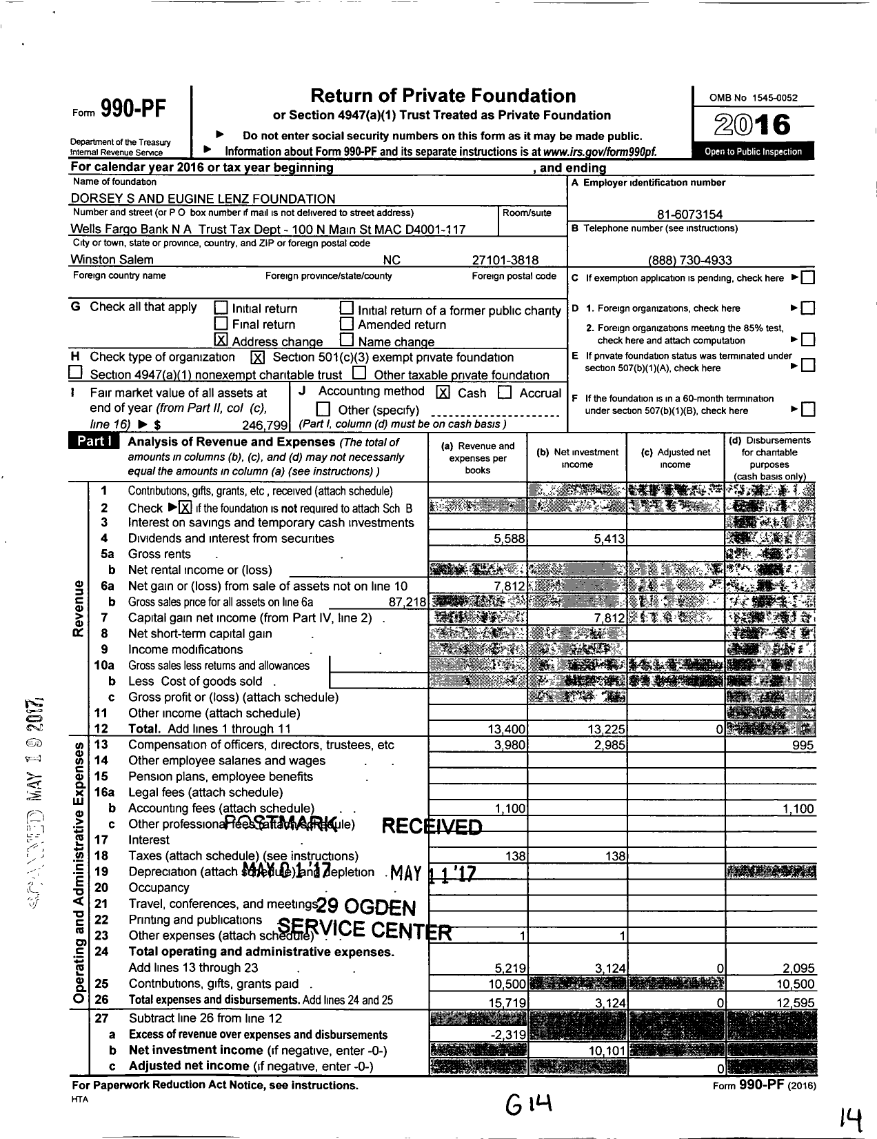 Image of first page of 2016 Form 990PF for Dorsey S and Eugene Lenz Foundation