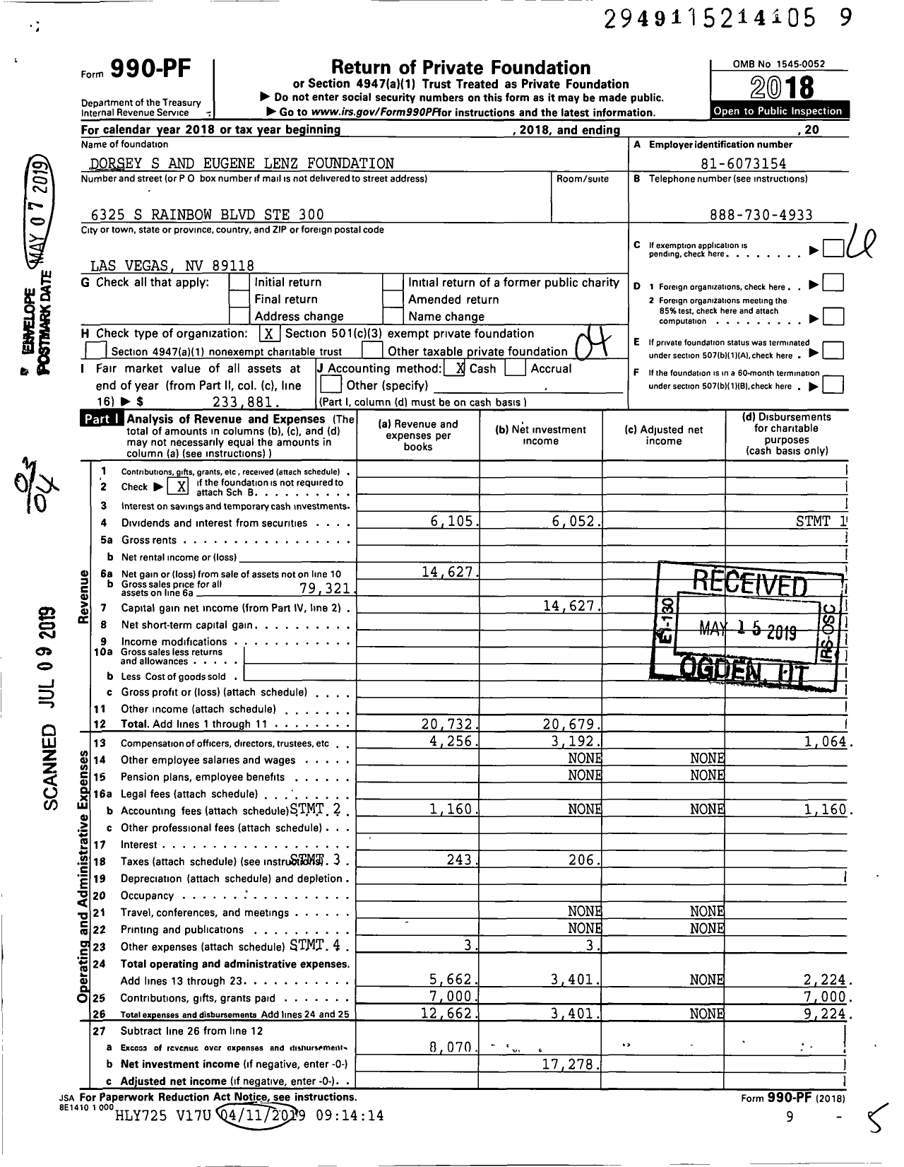 Image of first page of 2018 Form 990PF for Dorsey S and Eugene Lenz Foundation