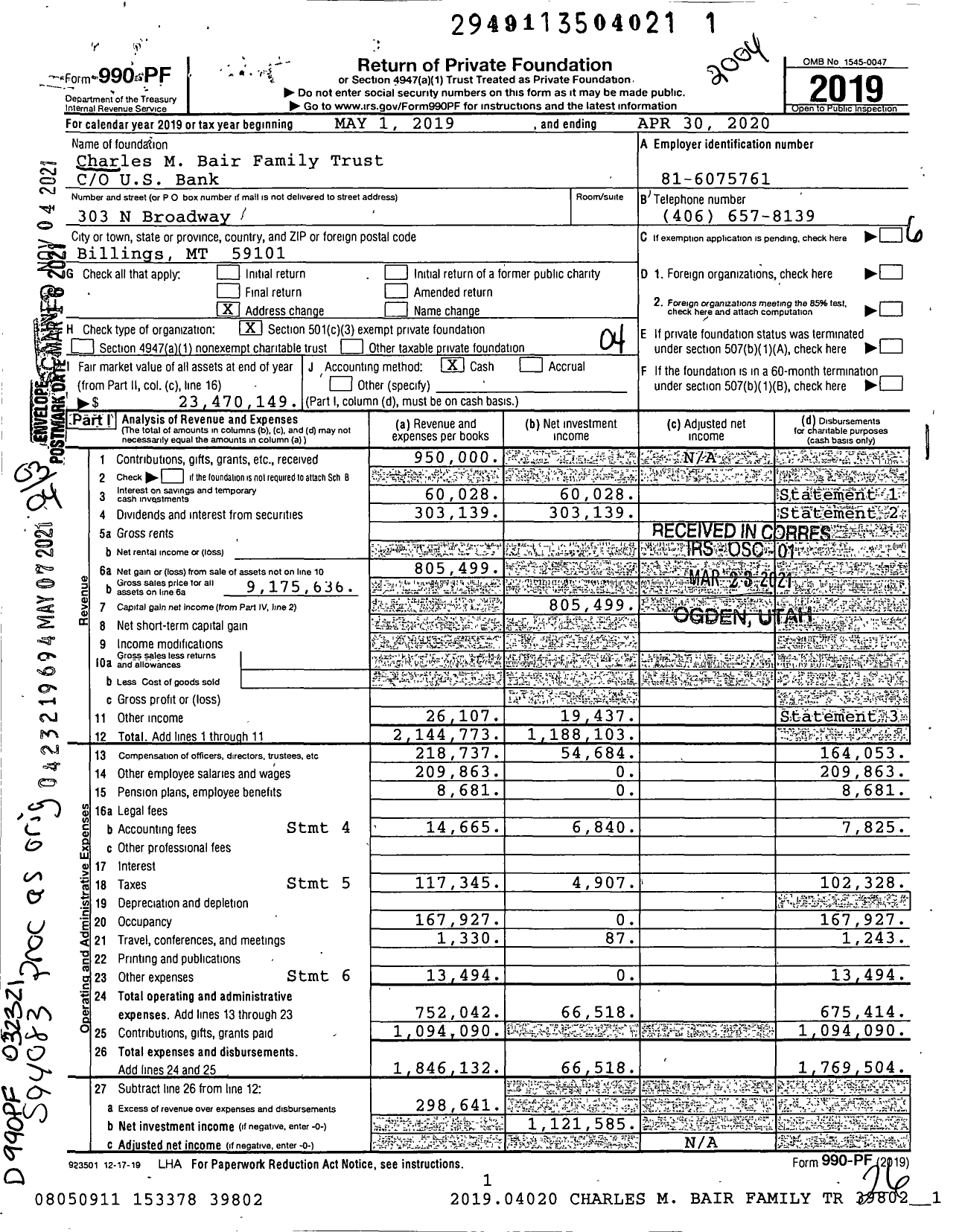 Image of first page of 2019 Form 990PF for Charles M Bair Family Trust