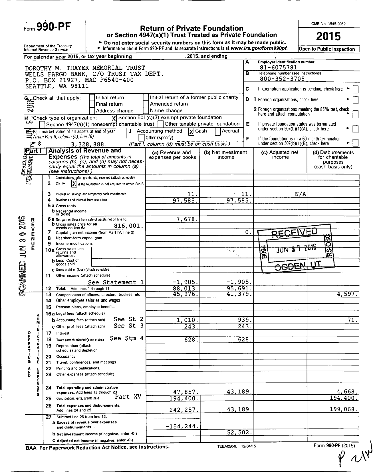 Image of first page of 2015 Form 990PF for Dorothy M Thayer Memorial Trust Wells Fargo Ifs Fiduciary Tax Services