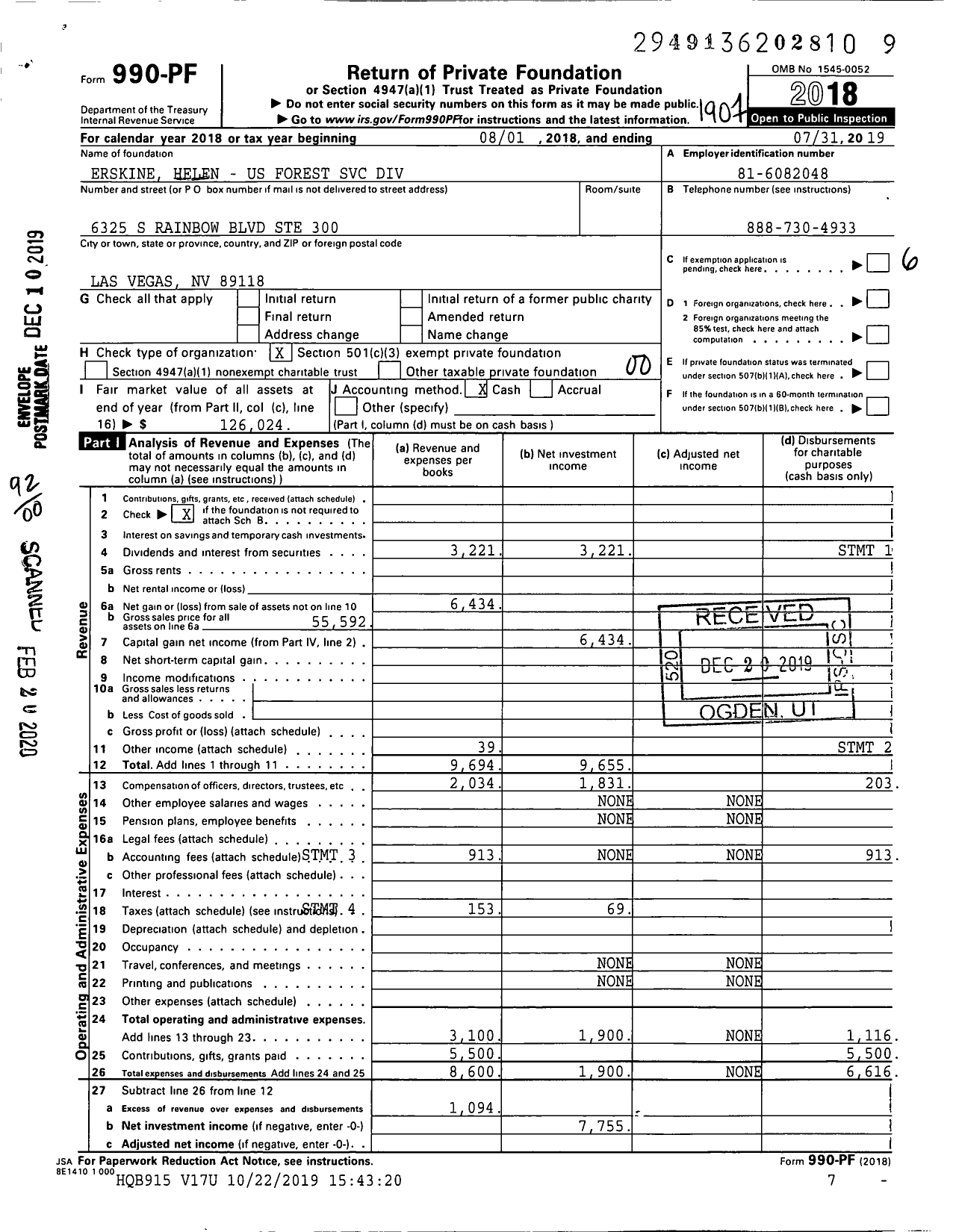 Image of first page of 2018 Form 990PF for Erskine Helen - Us Forest Service Div