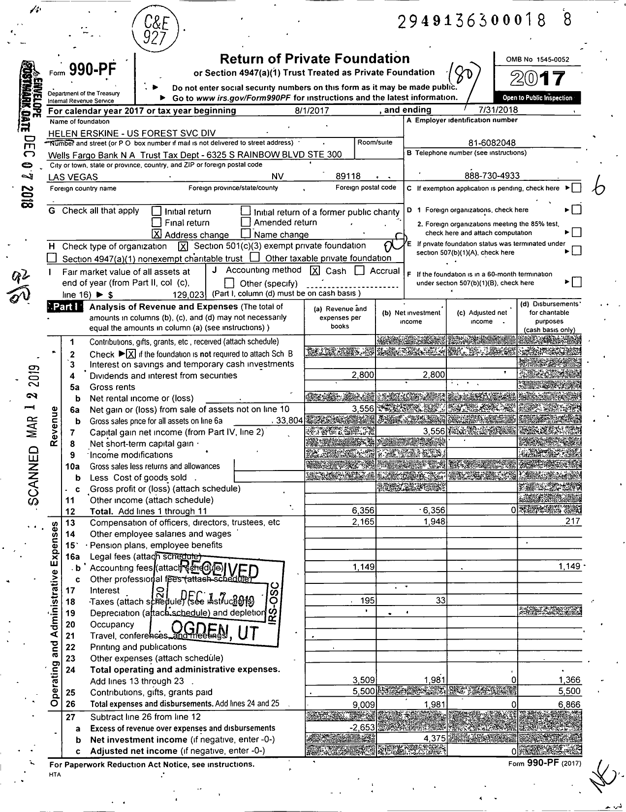 Image of first page of 2017 Form 990PF for Erskine Helen - Us Forest Service Div