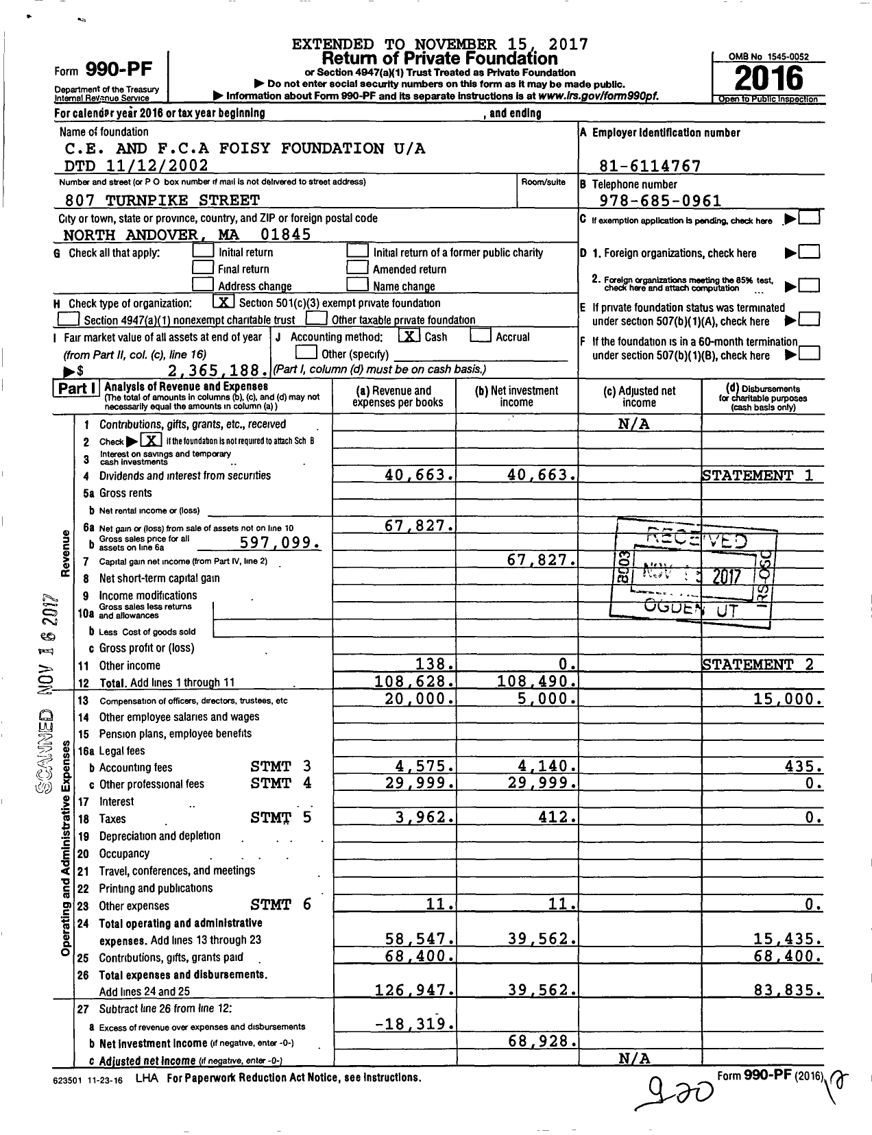 Image of first page of 2016 Form 990PF for Charles C Foisy and Florida C A Foisy Foundation