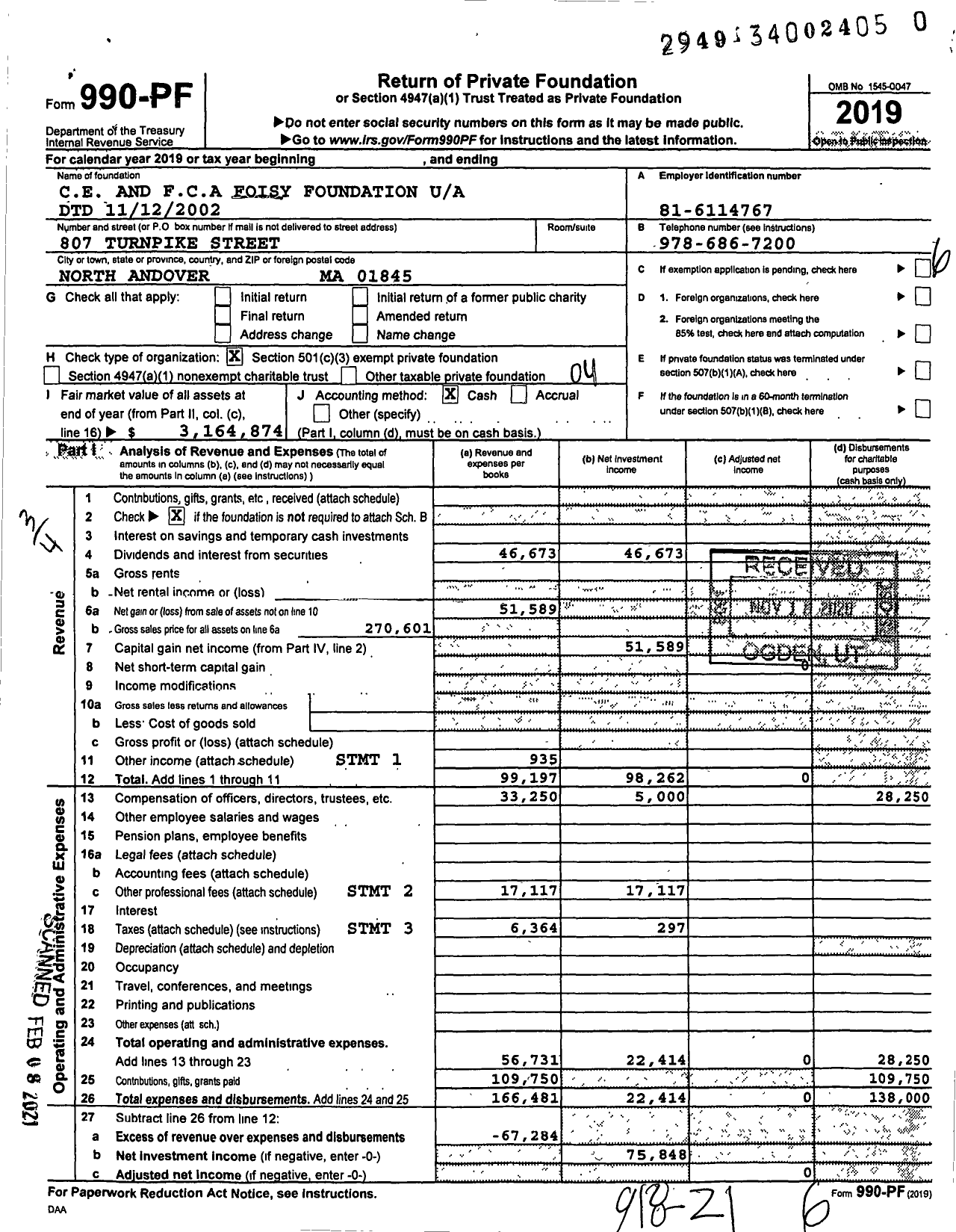 Image of first page of 2019 Form 990PF for Charles C Foisy and Florida C A Foisy Foundation