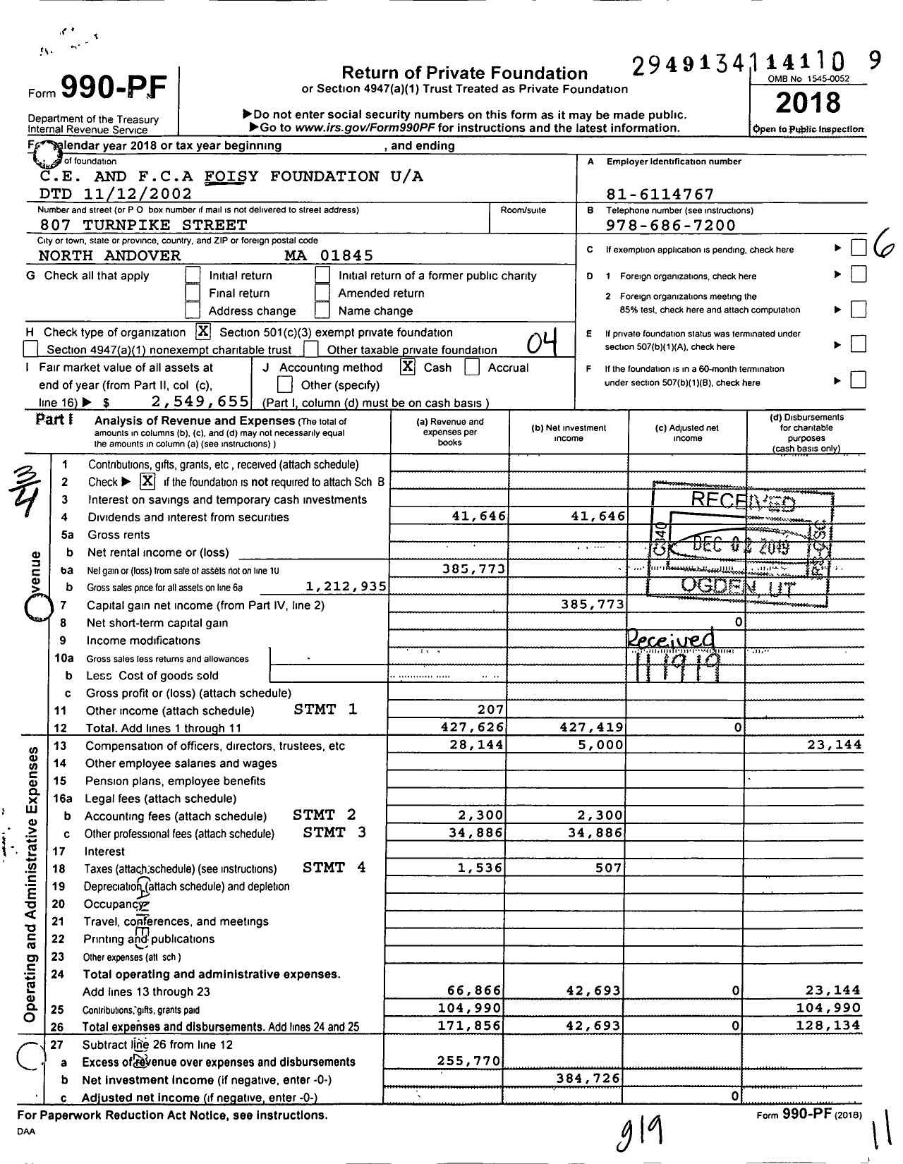 Image of first page of 2018 Form 990PF for Charles C Foisy and Florida C A Foisy Foundation