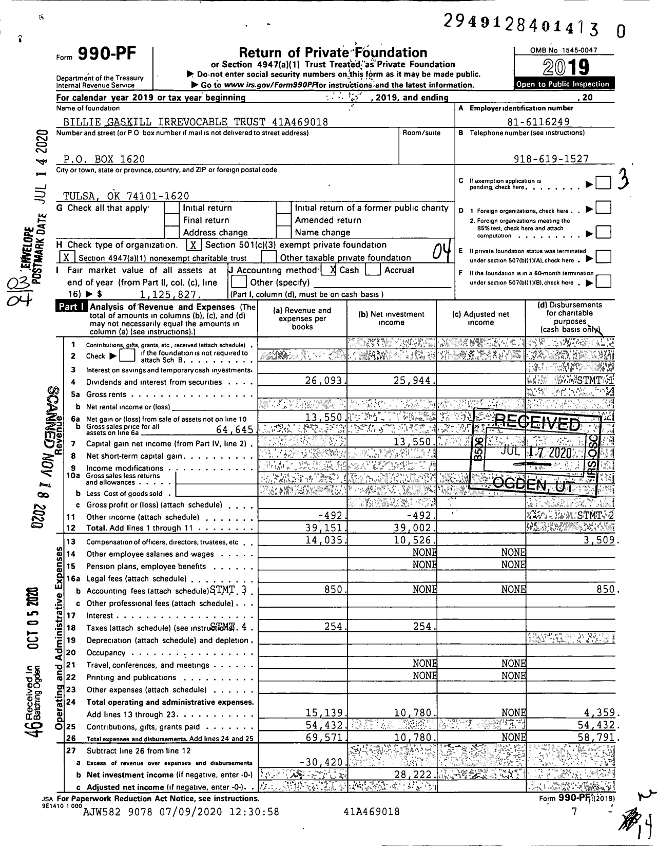 Image of first page of 2019 Form 990PF for Billie Gaskill Irrevocable Trust 41a469018