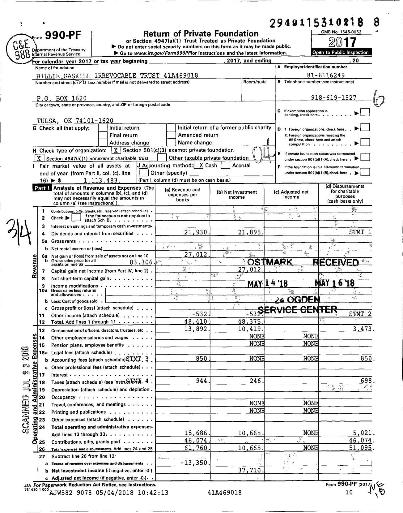 Image of first page of 2017 Form 990PF for Billie Gaskill Irrevocable Trust 41a469018