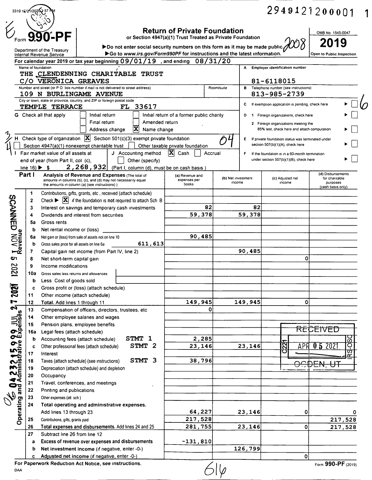 Image of first page of 2019 Form 990PF for Clendenning Charitable Trust