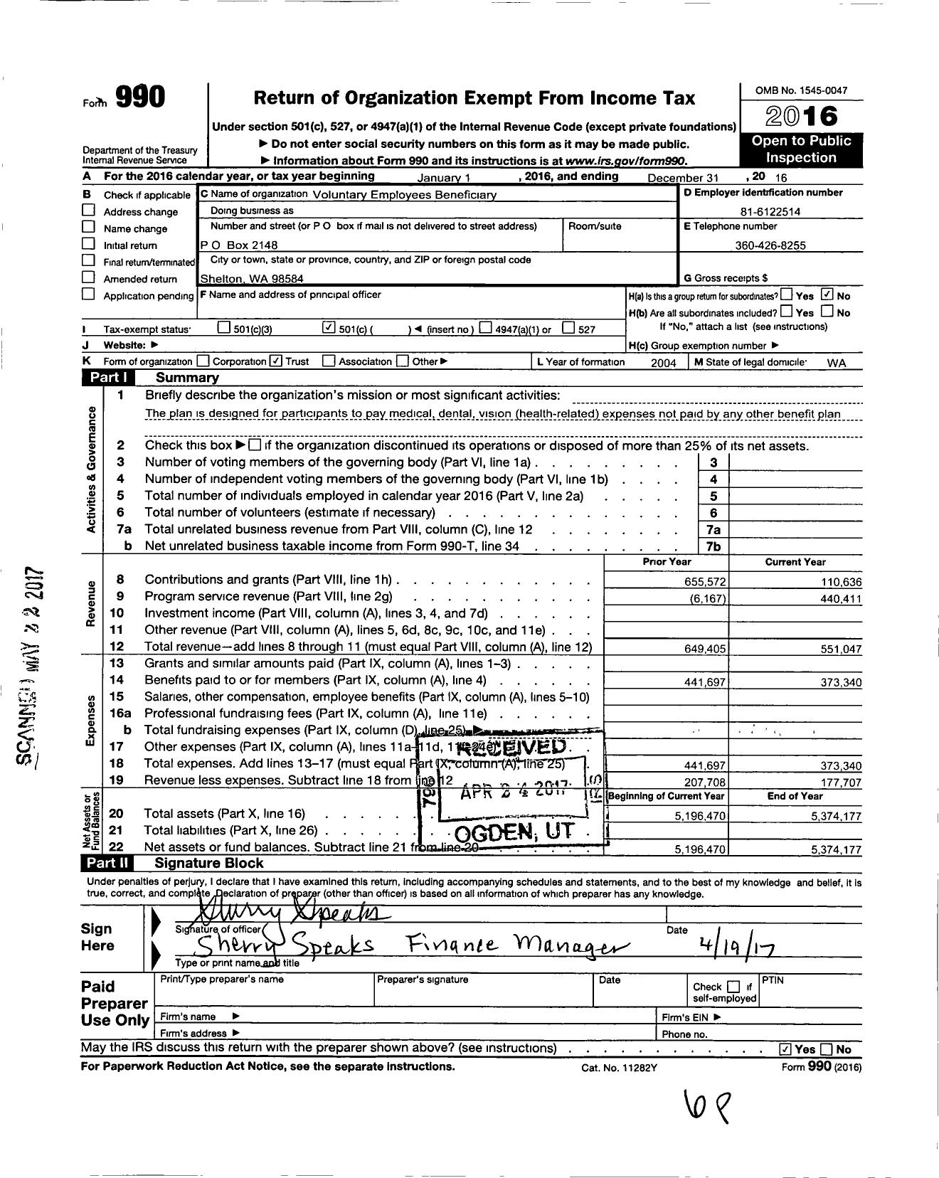 Image of first page of 2016 Form 990O for Voluntary Employee Beneficiary