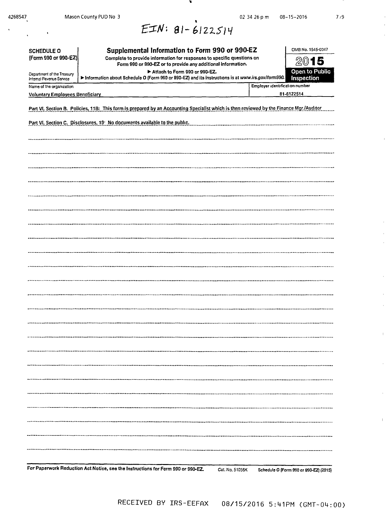 Image of first page of 2015 Form 990R for Voluntary Employee Beneficiary