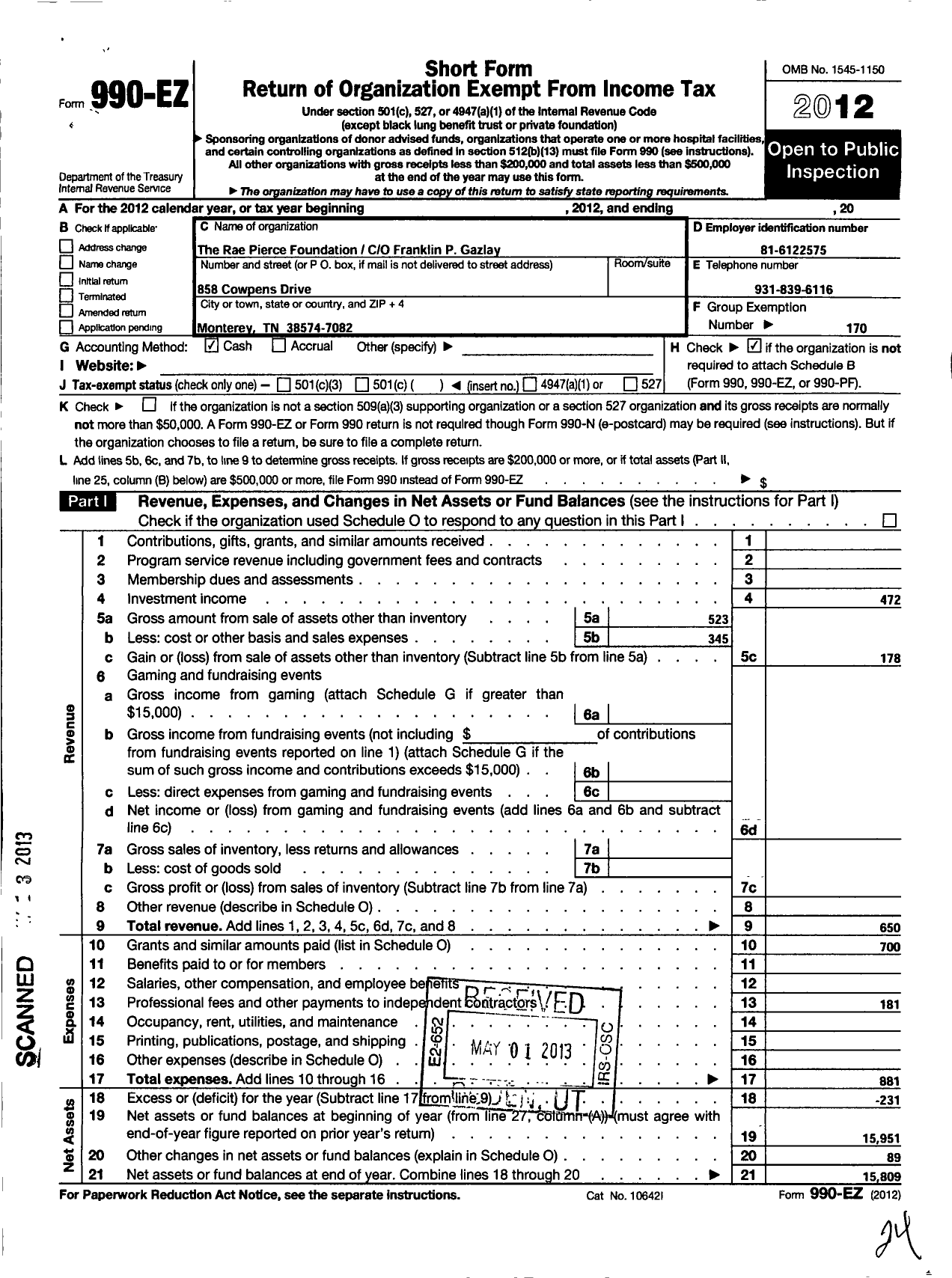 Image of first page of 2012 Form 990EO for The Rae Pierce Foundation