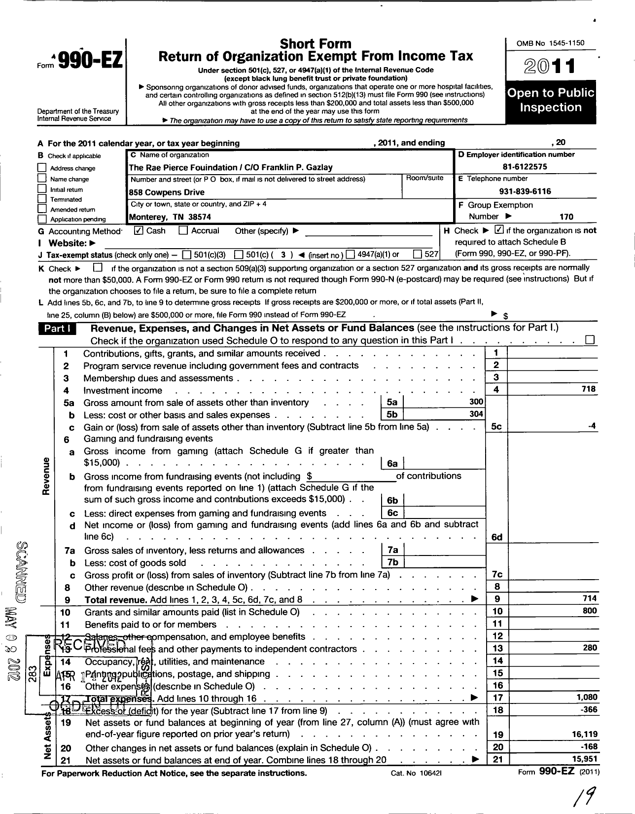 Image of first page of 2011 Form 990EZ for The Rae Pierce Foundation