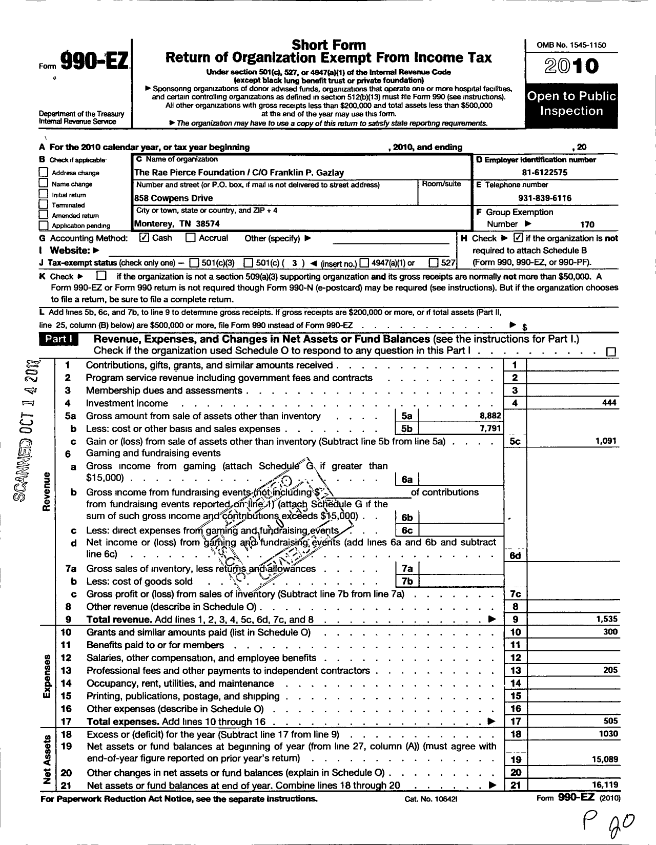Image of first page of 2010 Form 990EZ for The Rae Pierce Foundation
