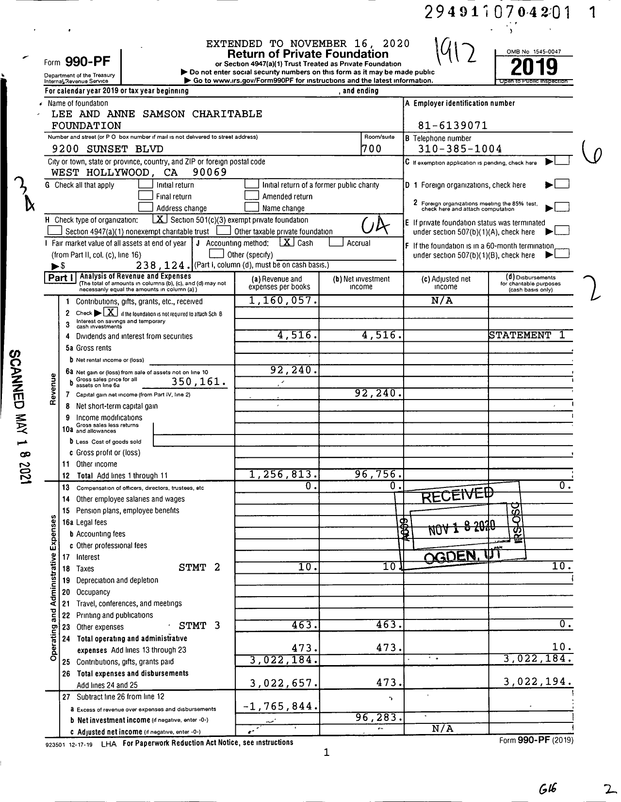 Image of first page of 2019 Form 990PF for Lee and Anne Samson Charitable Foundation