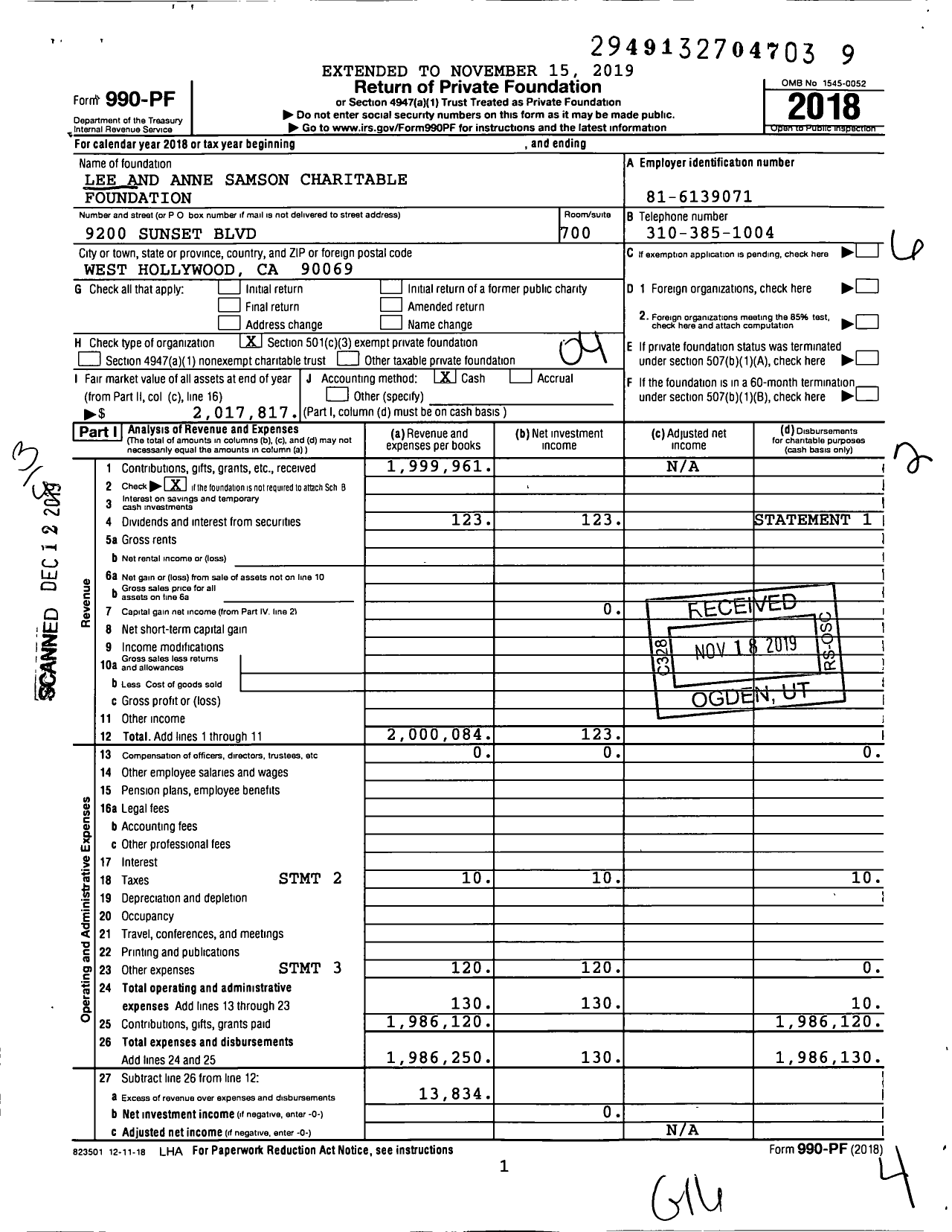 Image of first page of 2018 Form 990PF for Lee and Anne Samson Charitable Foundation