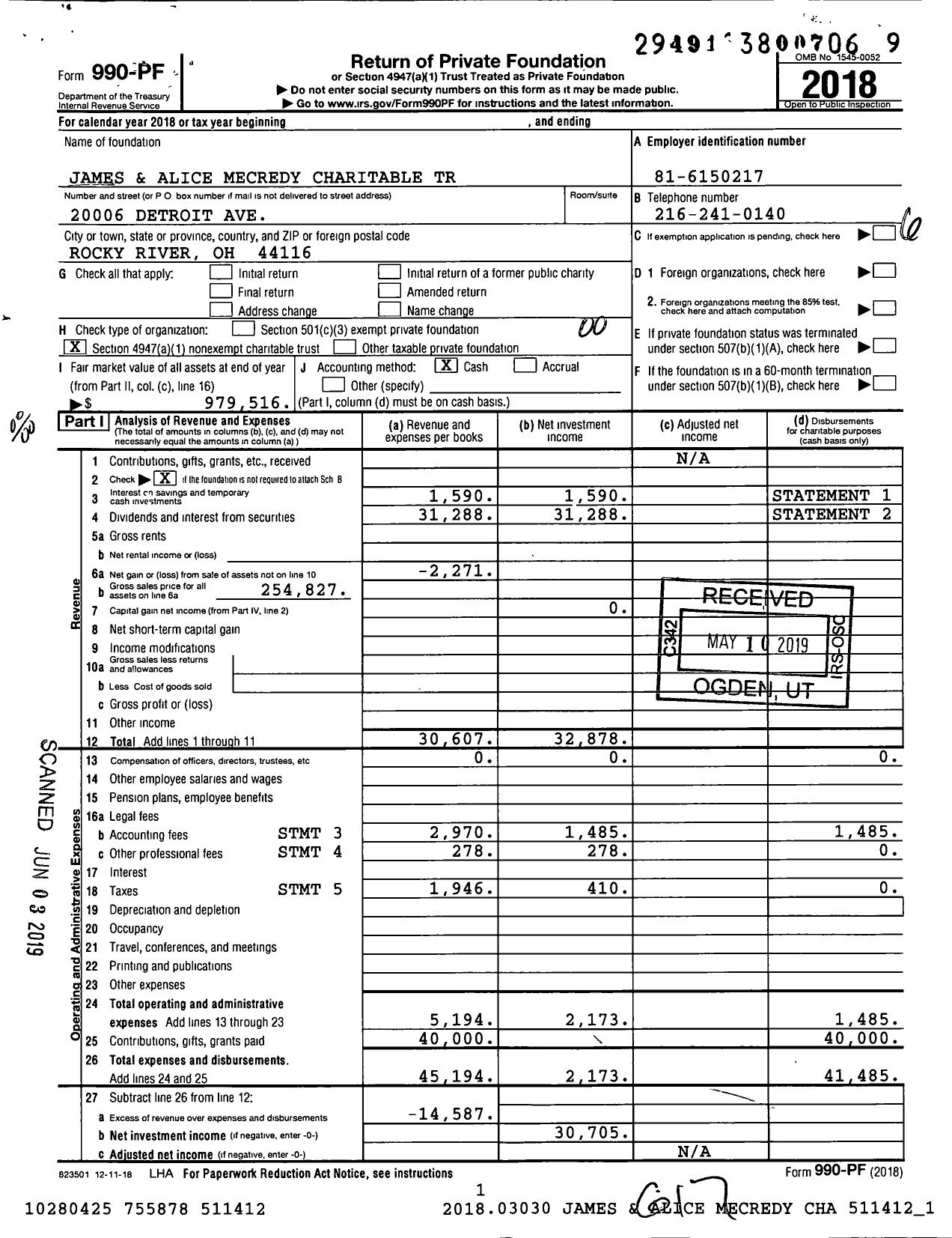 Image of first page of 2018 Form 990PF for James and Alice Mecredy Charitable Trust