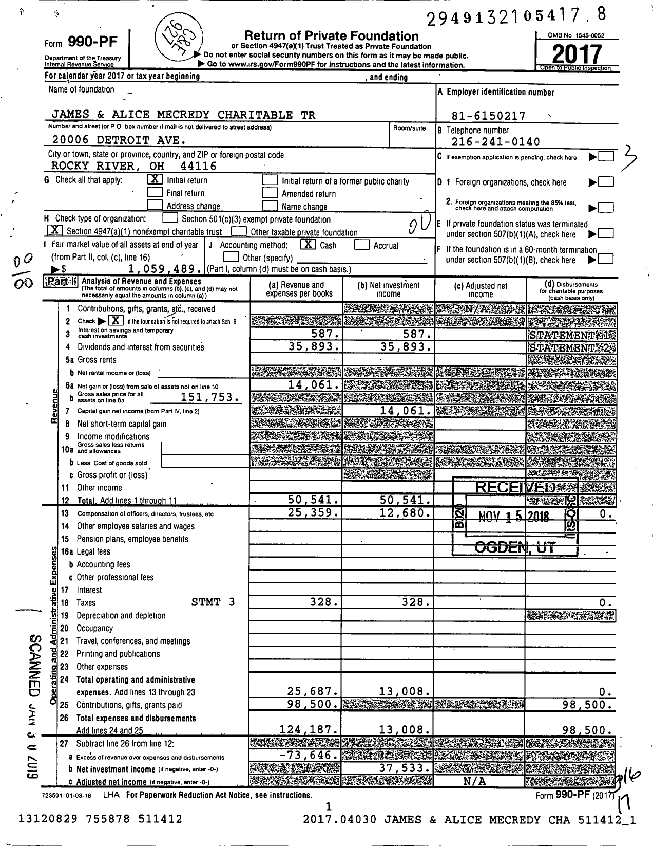 Image of first page of 2017 Form 990PF for James and Alice Mecredy Charitable Trust