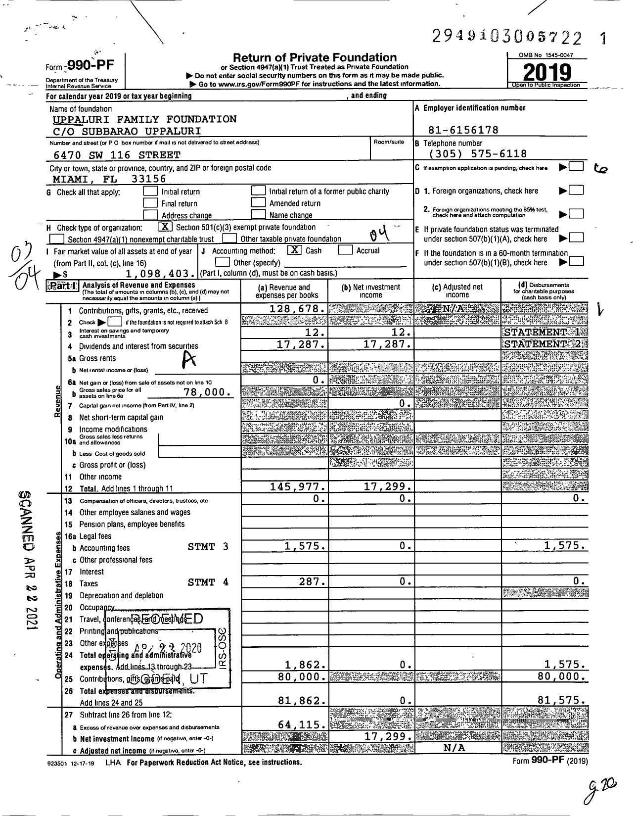 Image of first page of 2019 Form 990PF for Uppaluri Family Foundation