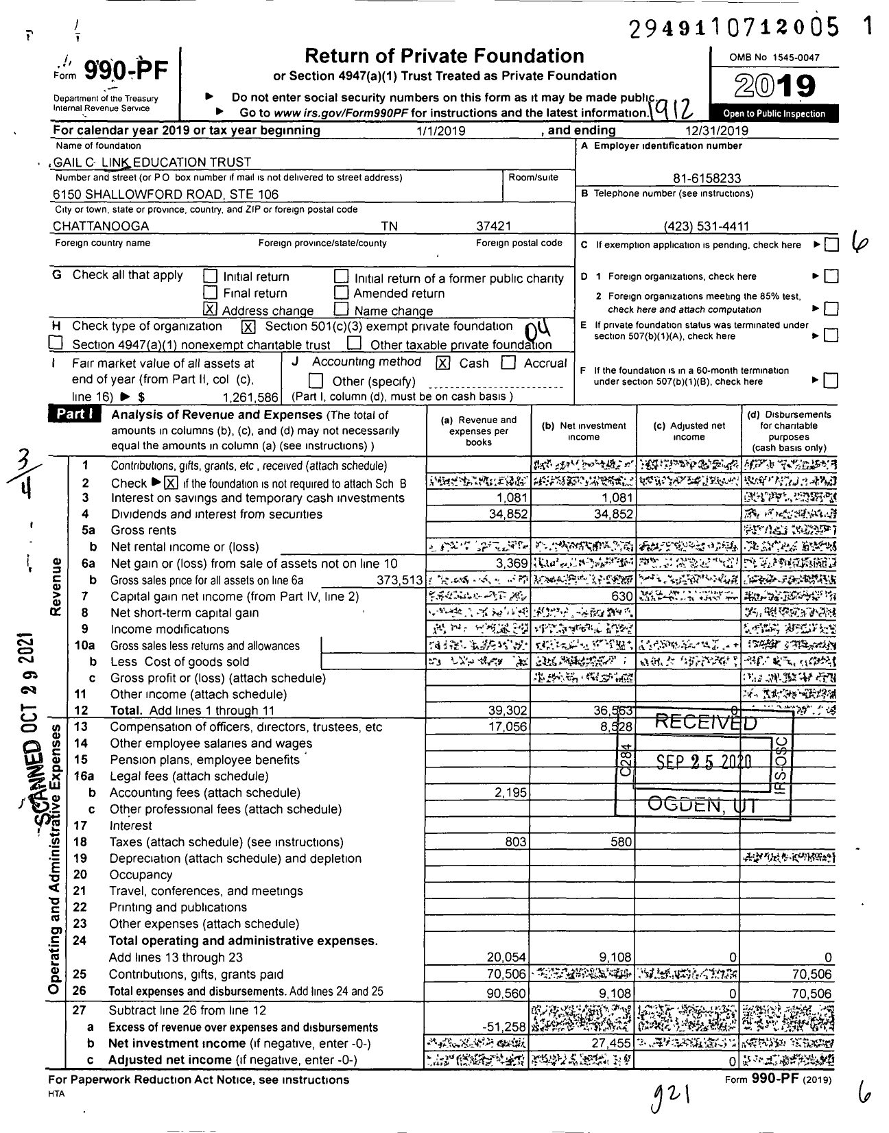 Image of first page of 2019 Form 990PF for Gail C Link Education Trust