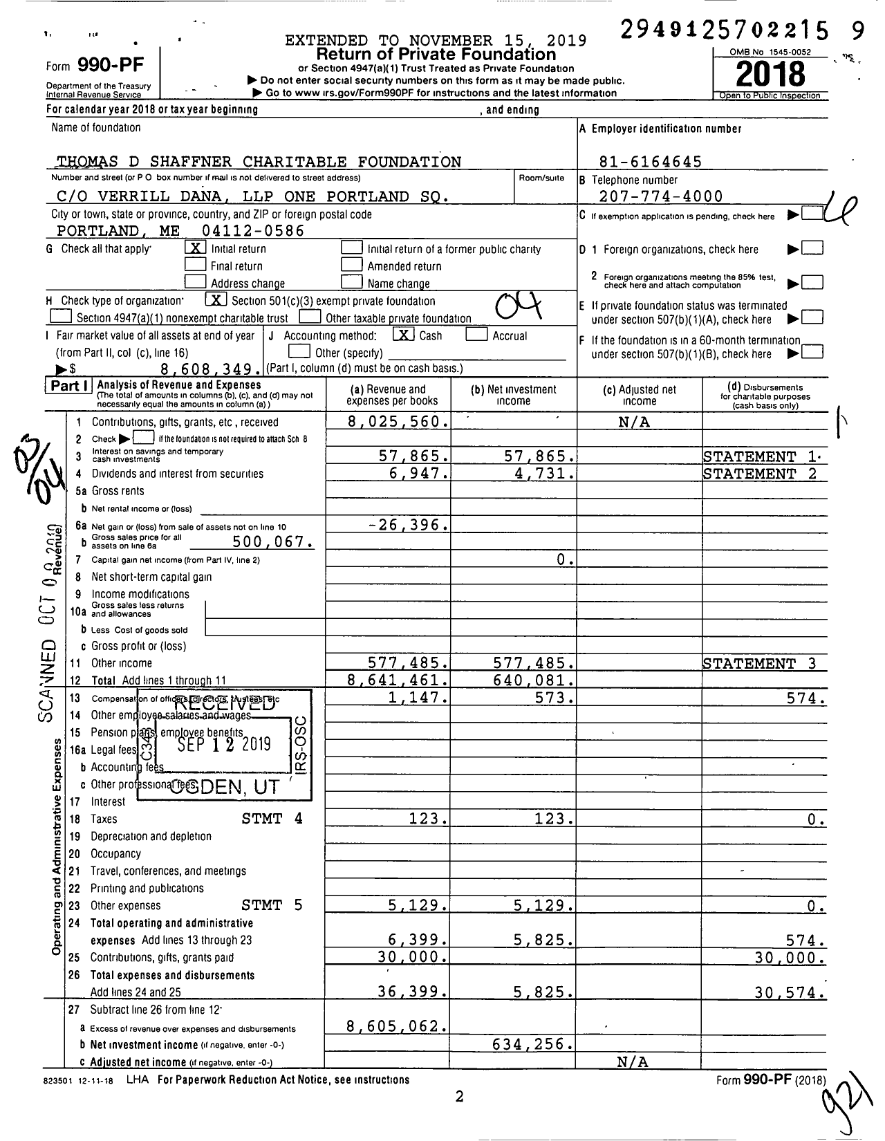 Image of first page of 2018 Form 990PF for Thomas D Shaffner Charitable Foundation