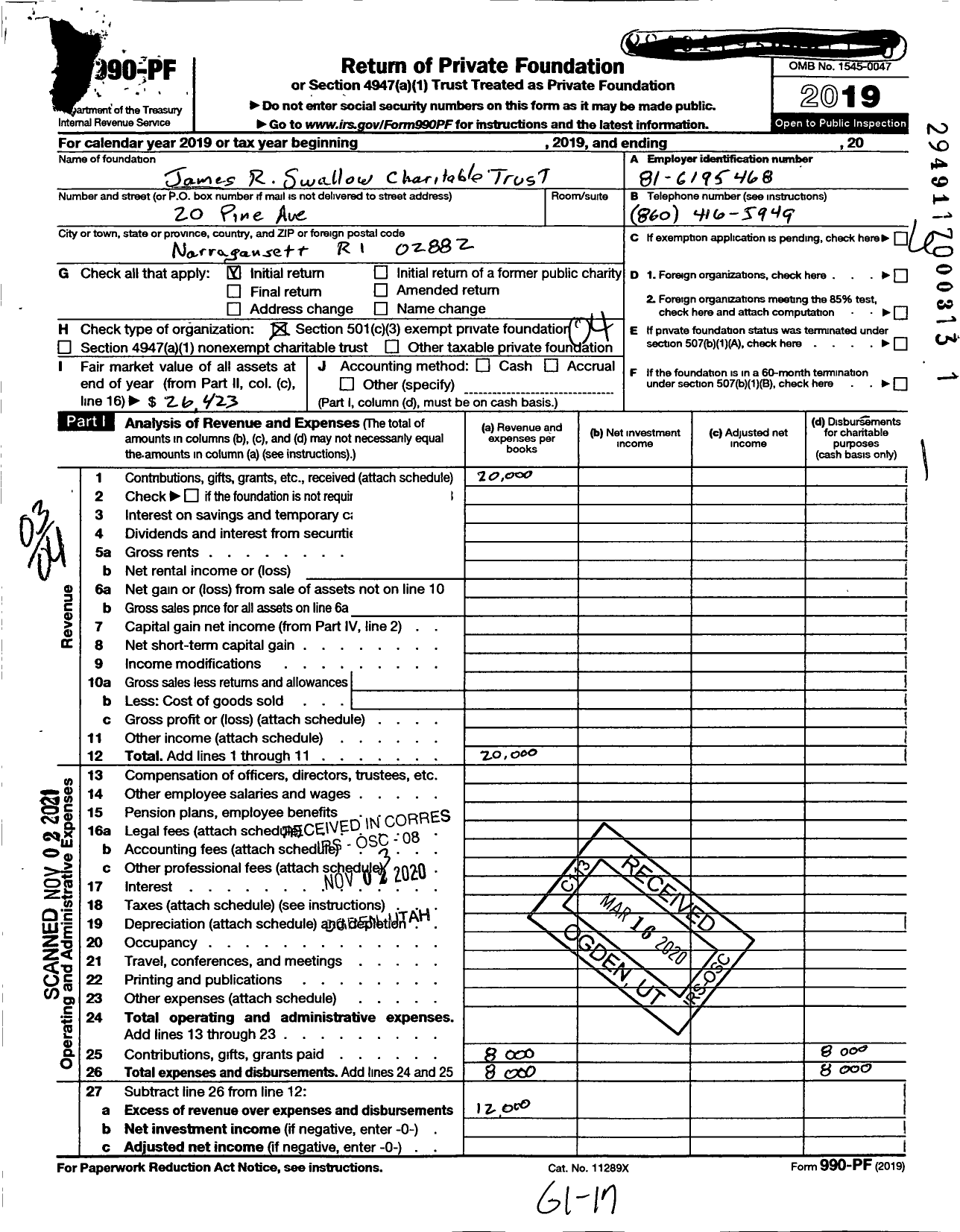 Image of first page of 2019 Form 990PF for James R Swallow Charitable Trust