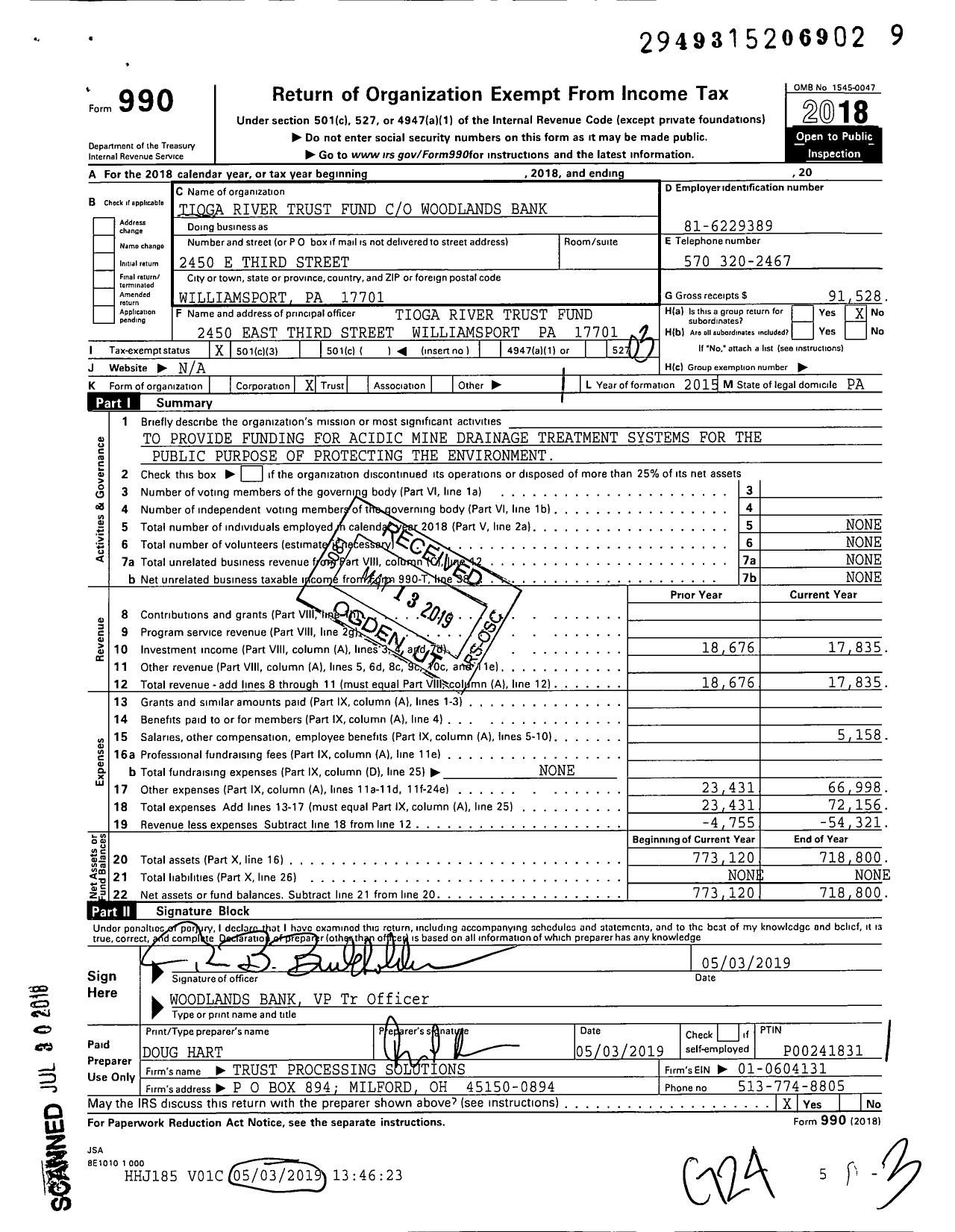 Image of first page of 2018 Form 990 for Tioga River Trust Fund