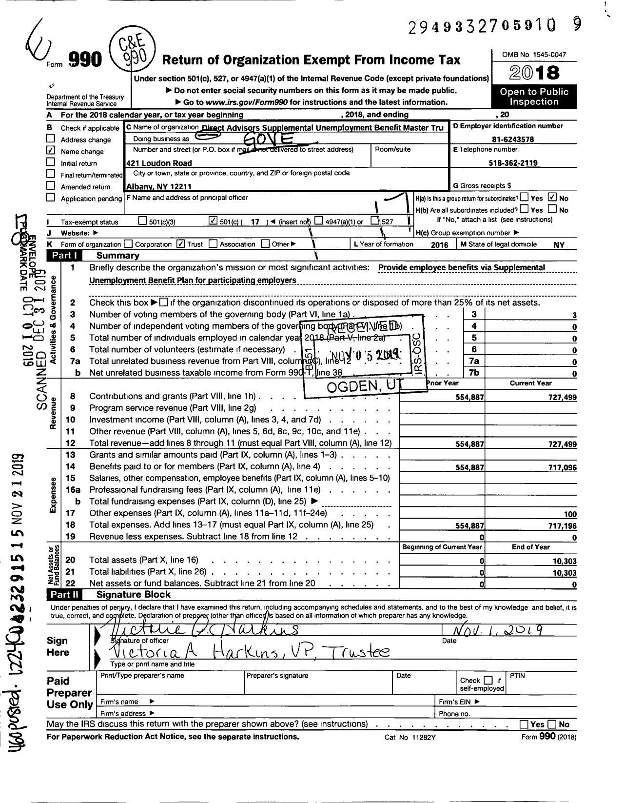 Image of first page of 2018 Form 990O for Direct Advisors Supplemental Unemployment Benefit Master Trust