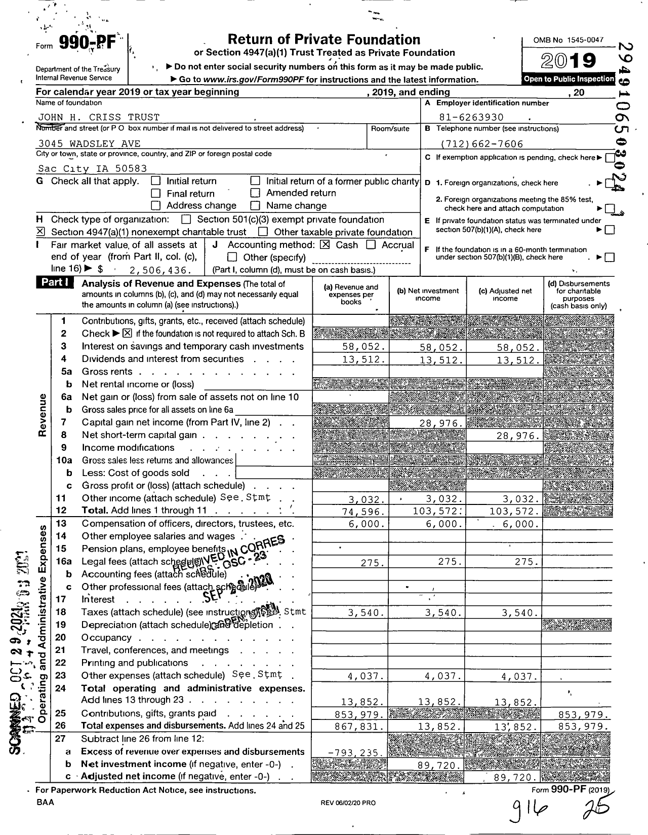 Image of first page of 2019 Form 990PF for John H Criss Trust