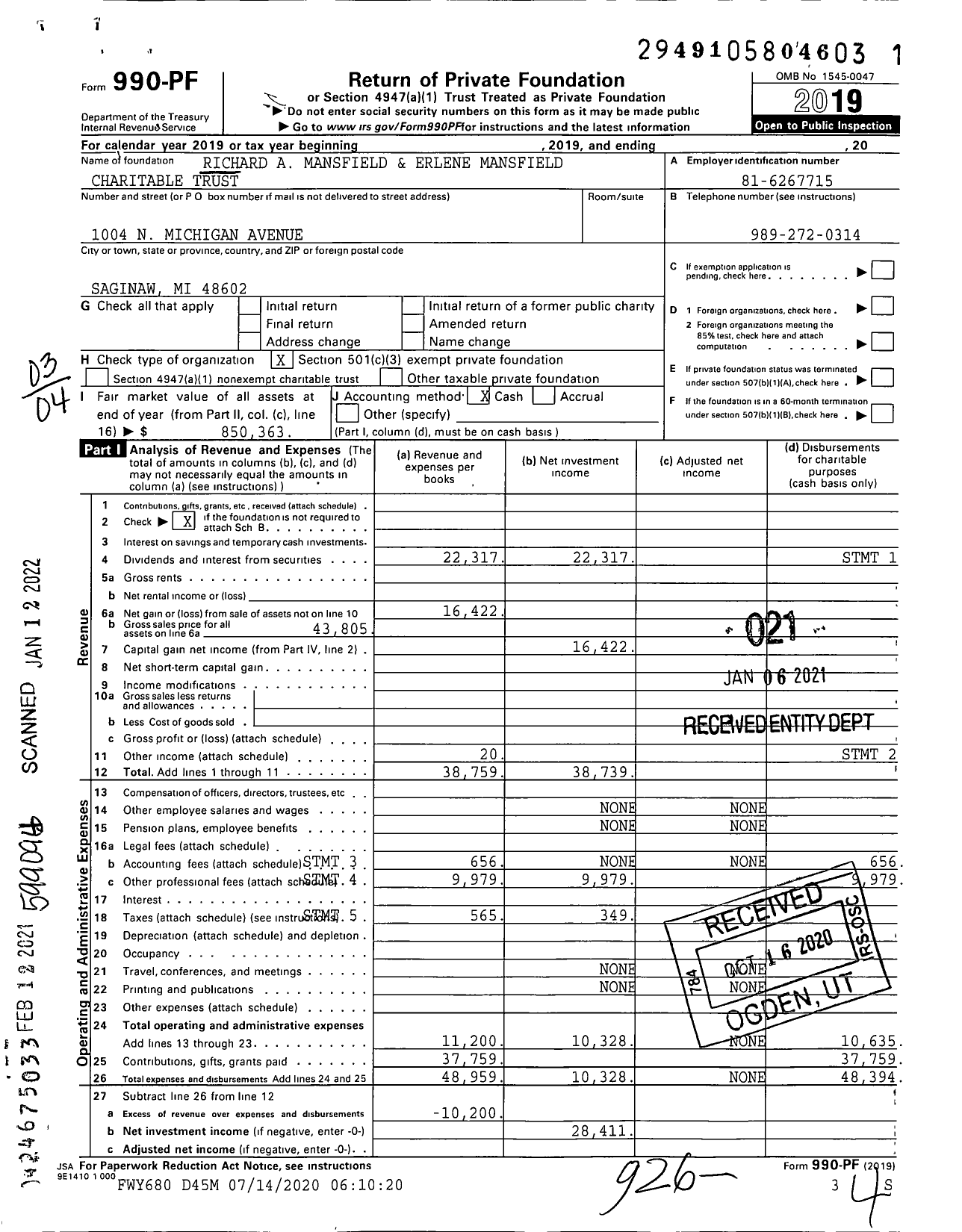 Image of first page of 2019 Form 990PF for Richard A Mansfield and Erlene Mansfield