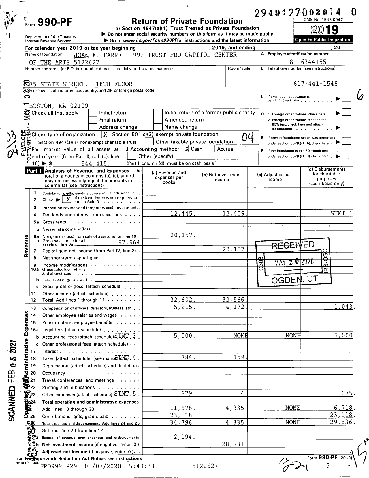 Image of first page of 2019 Form 990PF for Joan K Farrel 1992 Trust Fbo Capitol Center