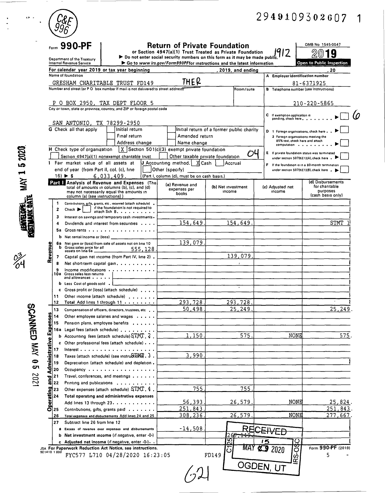 Image of first page of 2019 Form 990PF for Gresham Charitable Trust FD149