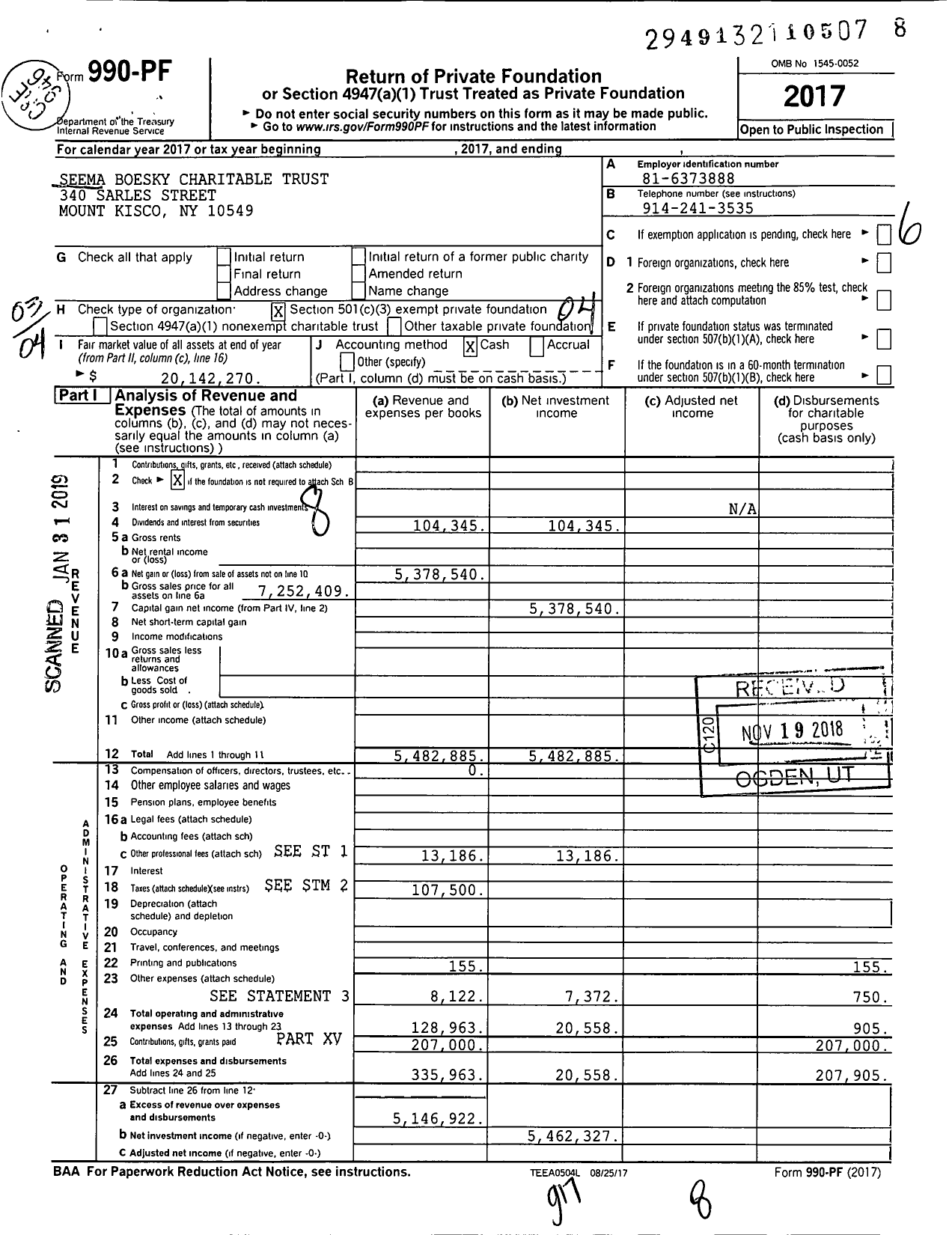 Image of first page of 2017 Form 990PF for Seema Boesky Charitable Trust