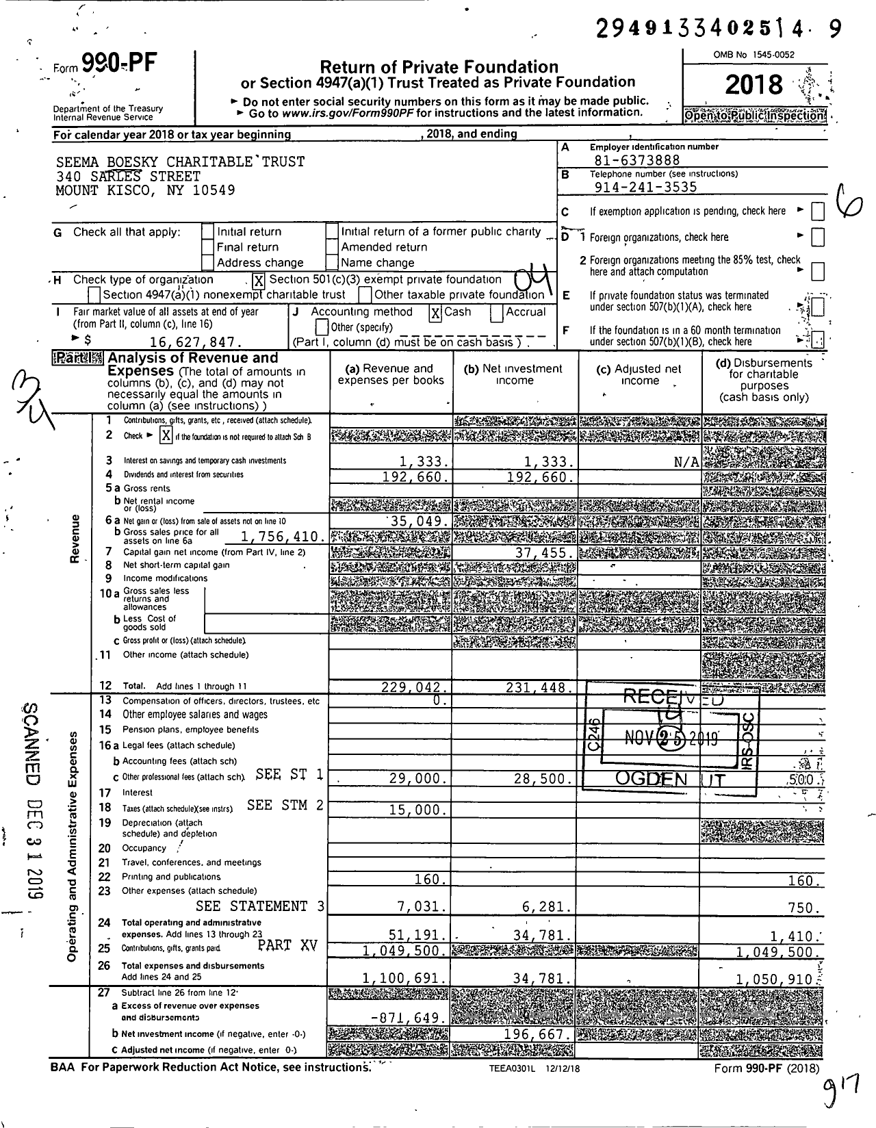 Image of first page of 2018 Form 990PF for Seema Boesky Charitable Trust