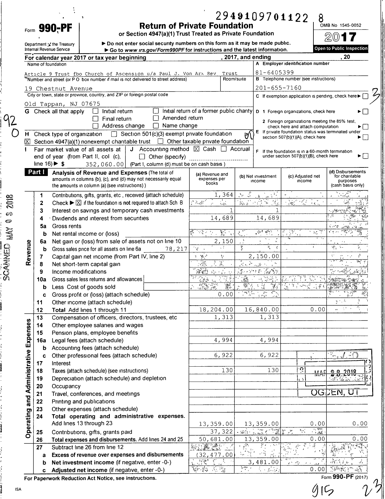 Image of first page of 2017 Form 990PF for Article 9 Trust Fbo Church of Ascension