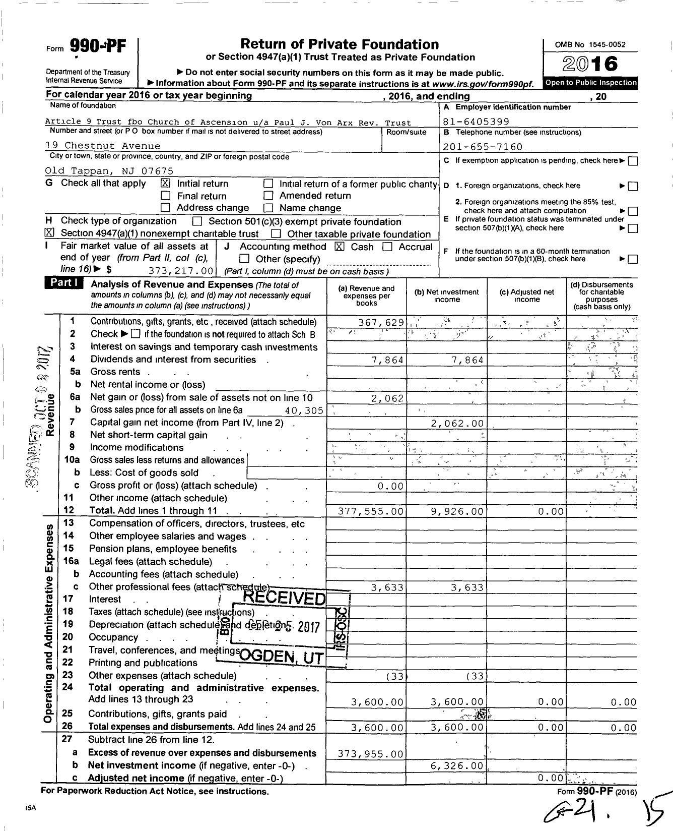 Image of first page of 2016 Form 990PF for Article 9 Trust Fbo Church of Ascension