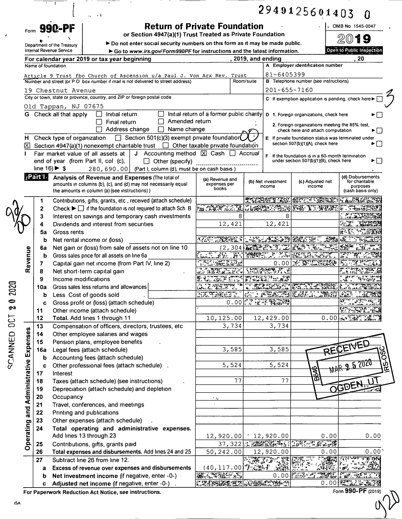 Image of first page of 2019 Form 990PR for Article 9 Trust Fbo Church of Ascension