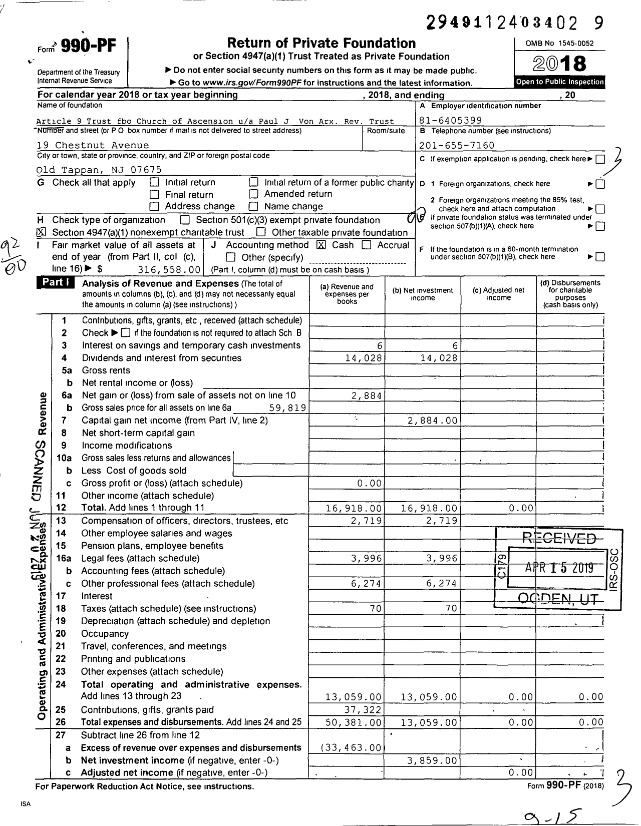 Image of first page of 2018 Form 990PF for Article 9 Trust Fbo Church of Ascension