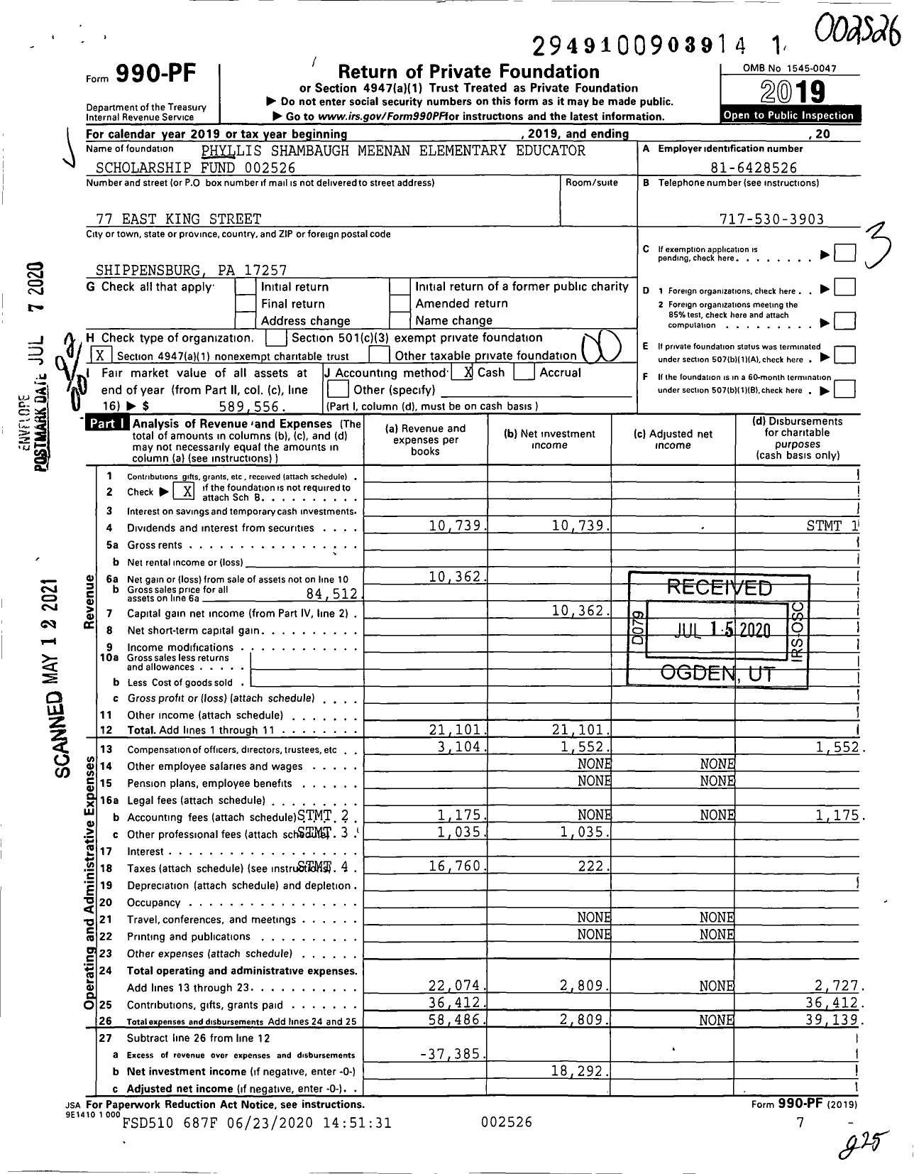 Image of first page of 2019 Form 990PF for Phyllis Shambaugh Meenan Elementary Educator