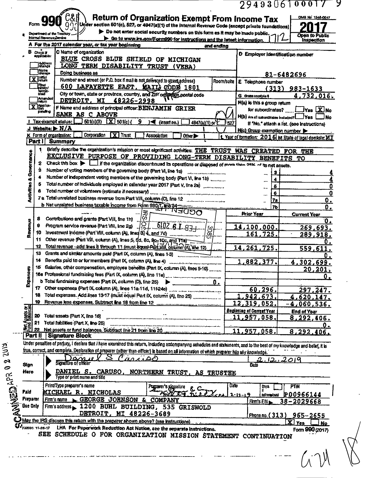 Image of first page of 2017 Form 990O for Blue Cross Blue Shield of Michigan Long Term Disability Trust
