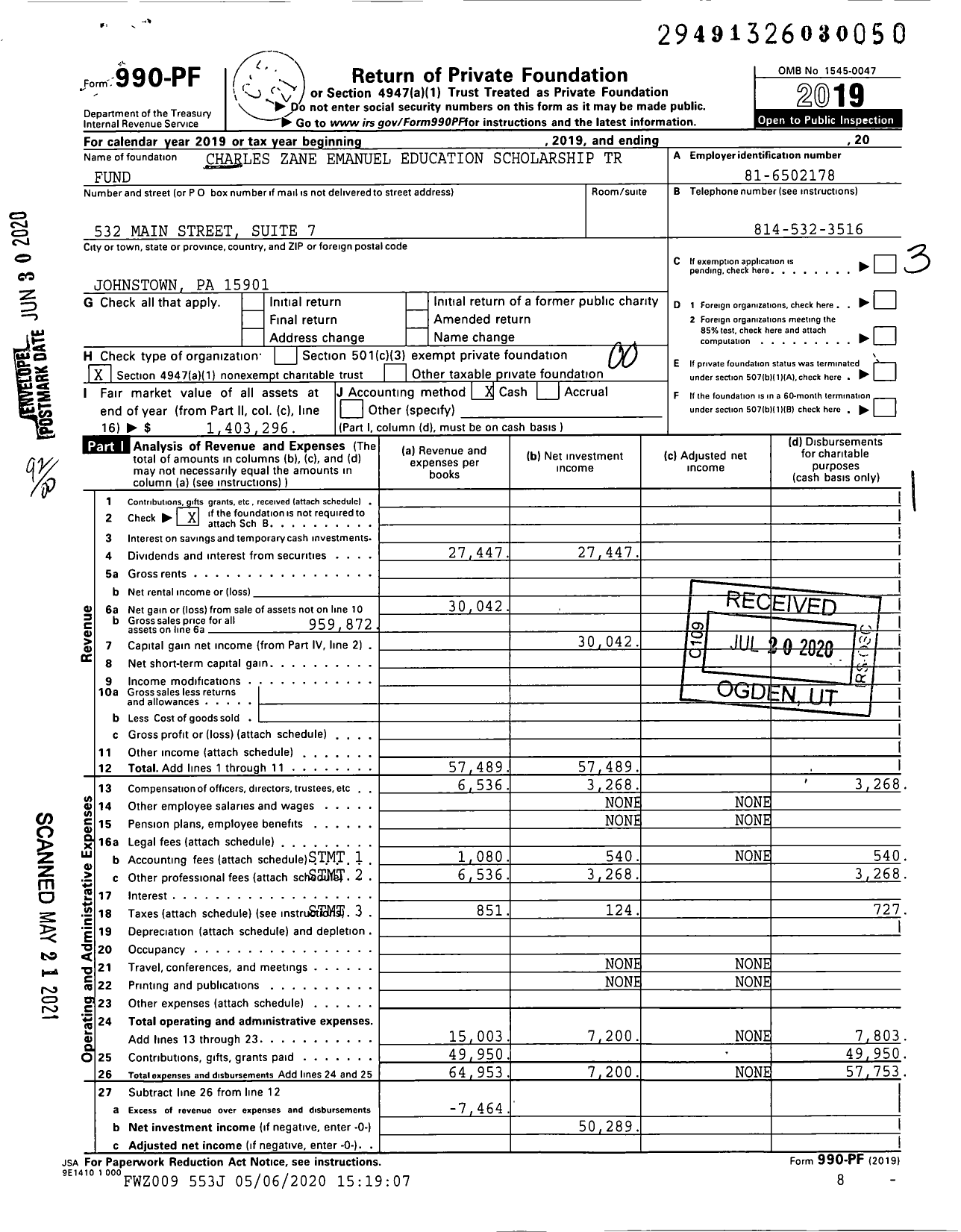 Image of first page of 2019 Form 990PF for Charles Zane Emanuel Education Scholarship Trust