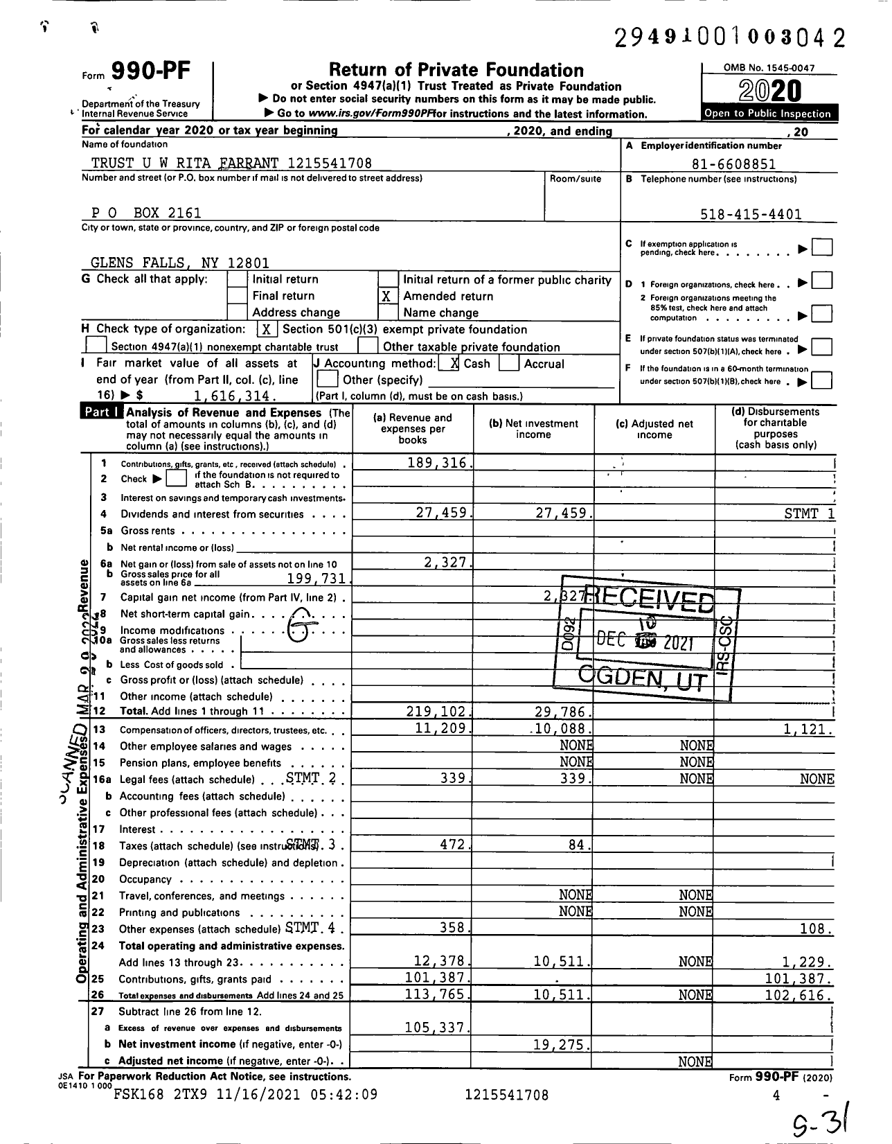 Image of first page of 2020 Form 990PF for Trust U W Rita Farrant 1215541708