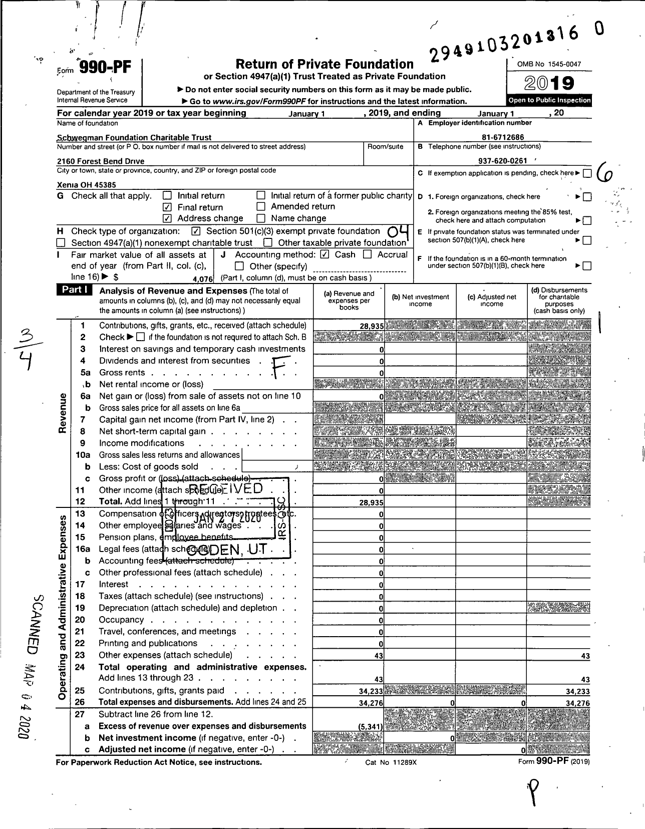 Image of first page of 2019 Form 990PR for Schwegman Foundation Charitable Trust