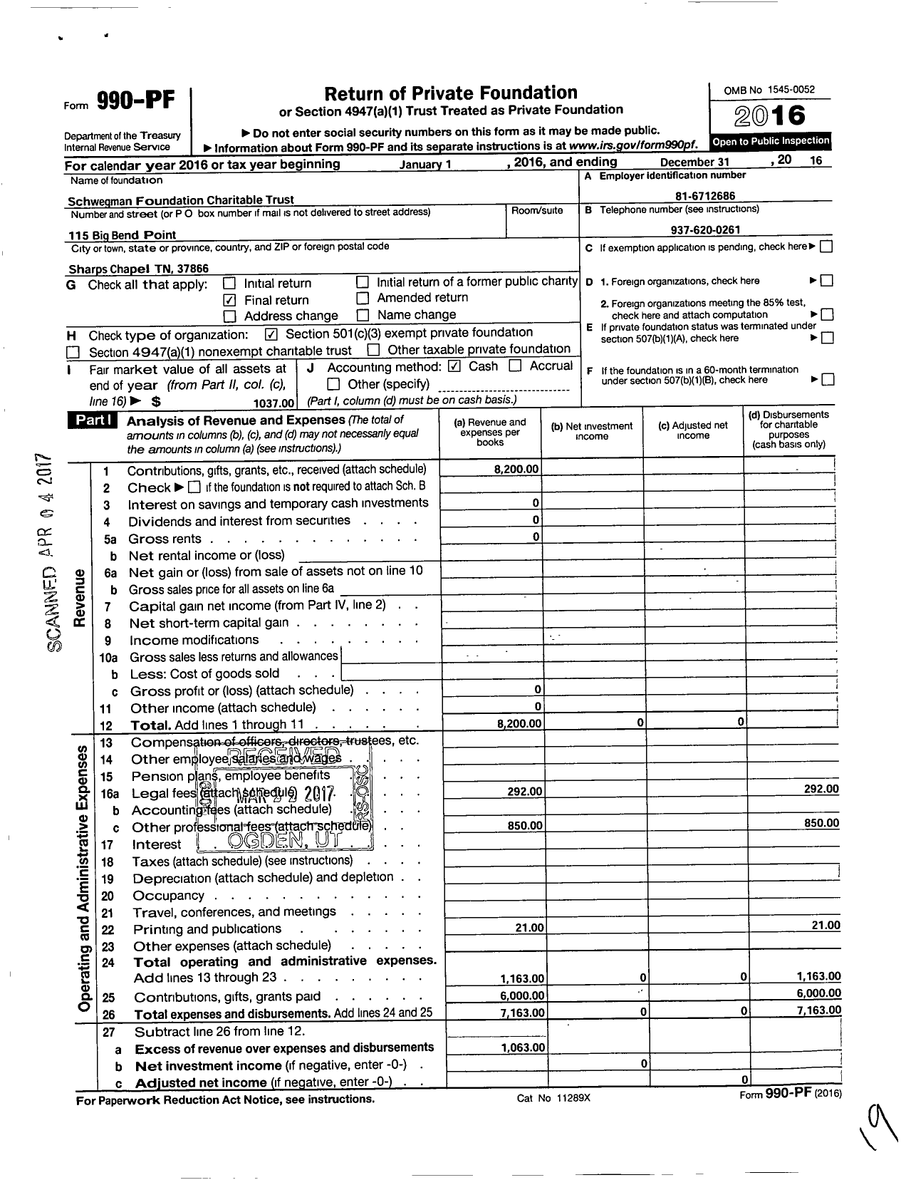 Image of first page of 2016 Form 990PF for Schwegman Foundation Charitable Trust