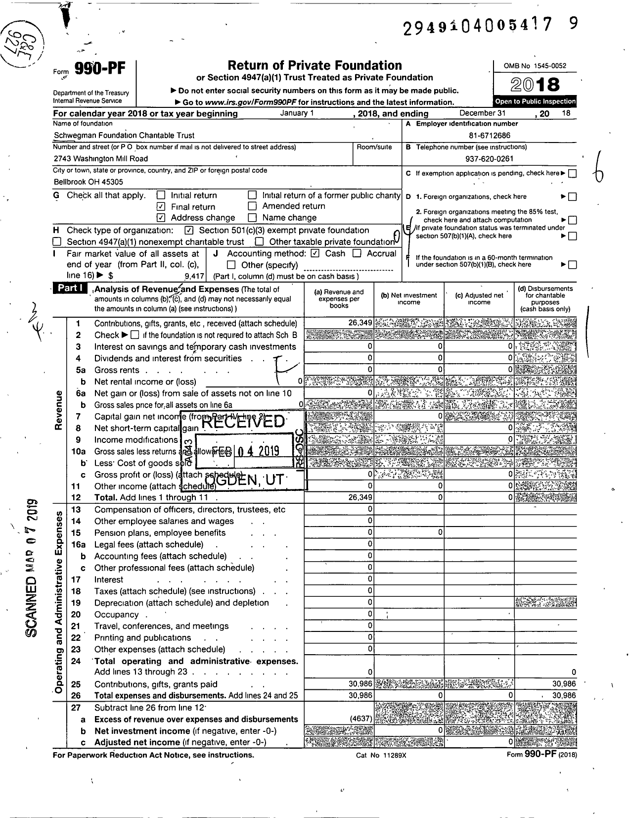 Image of first page of 2018 Form 990PF for Schwegman Foundation Charitable Trust